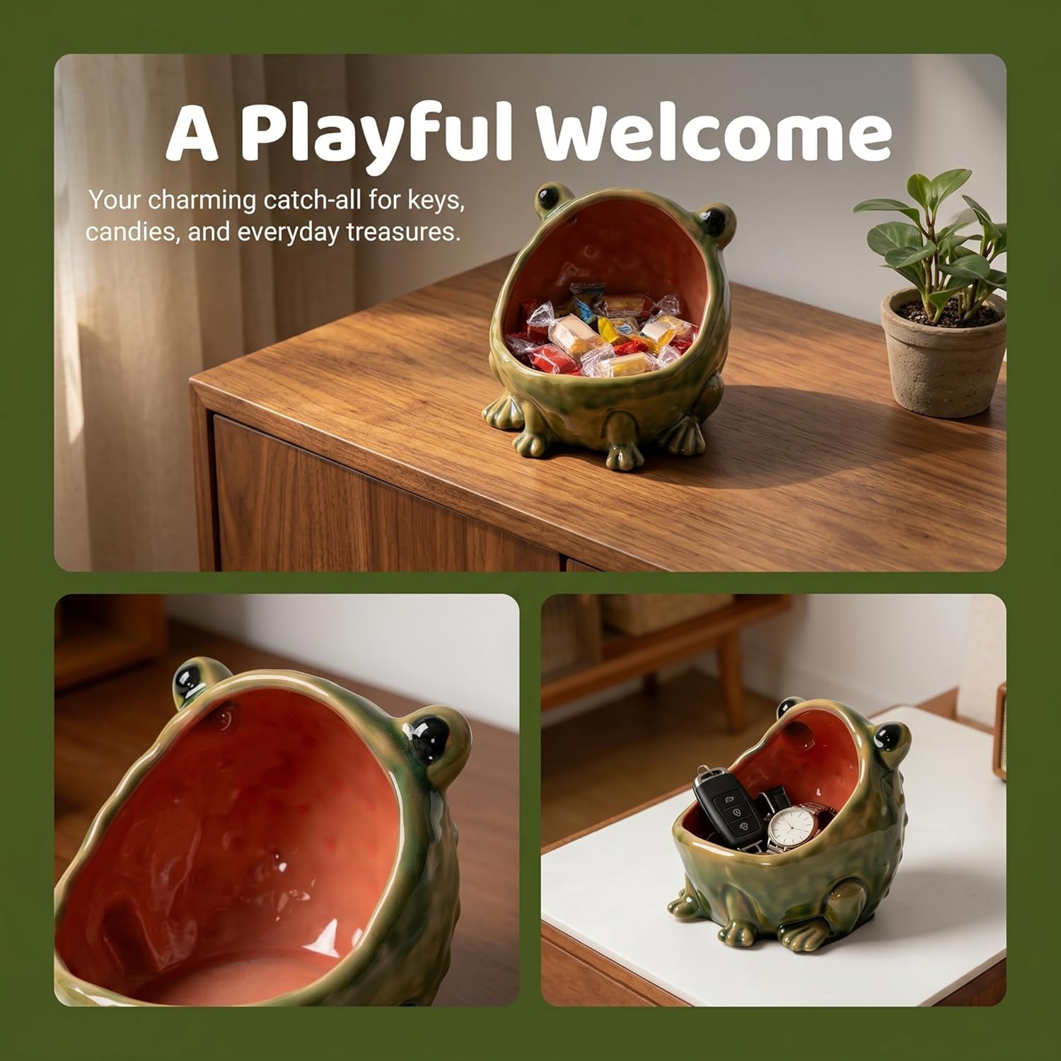 Frog Candy Jar Trinket Dish Snack Holder Ceramic Lightweight Key Bowl Candy Server for Office Living Room Bedroom Bookshelf Desk