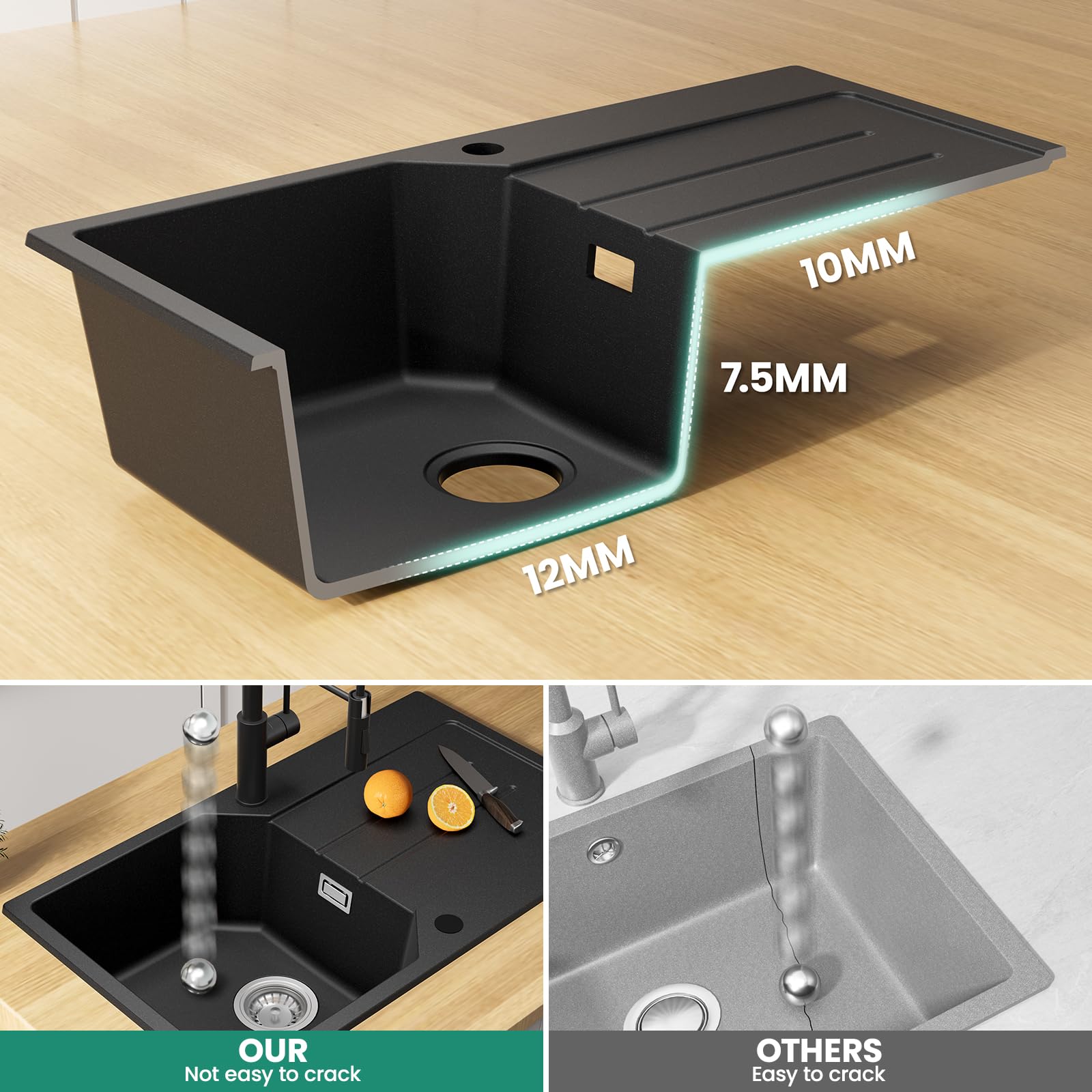 ANYCEE Fregadero Negro 78x45 cm con Escurridor, Fregadero Granito Para Mueble Bajo 45 cm