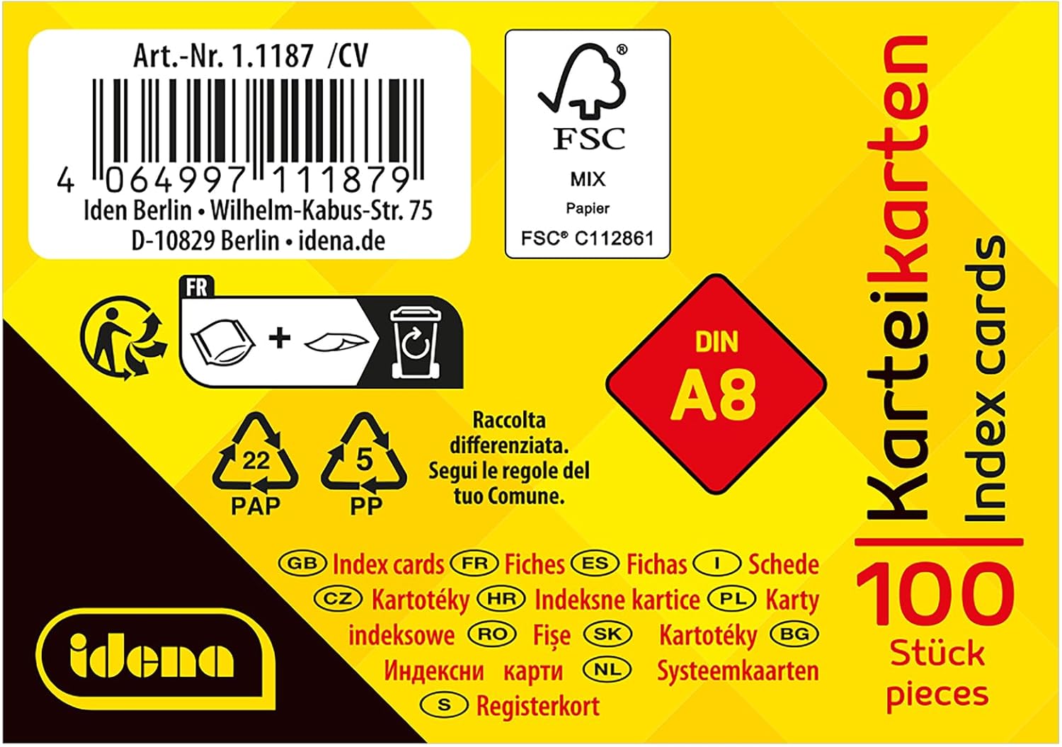 Idena 90280 - Index Cards DIN A8, Pack of 500 Lined, Flashcards Made of 180 g/m² FSC Mix Paper in White, for School and Office