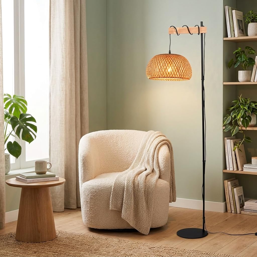 BARCELONA LED Lámpara De Pie Grande De Bambú Y Mimbre Estilo Natural Isla Boho Con Base Negra Metálica Pantalla Artesanal Lámpara Alta Decorativa Rústica Moderna E27 Para Interior Salón