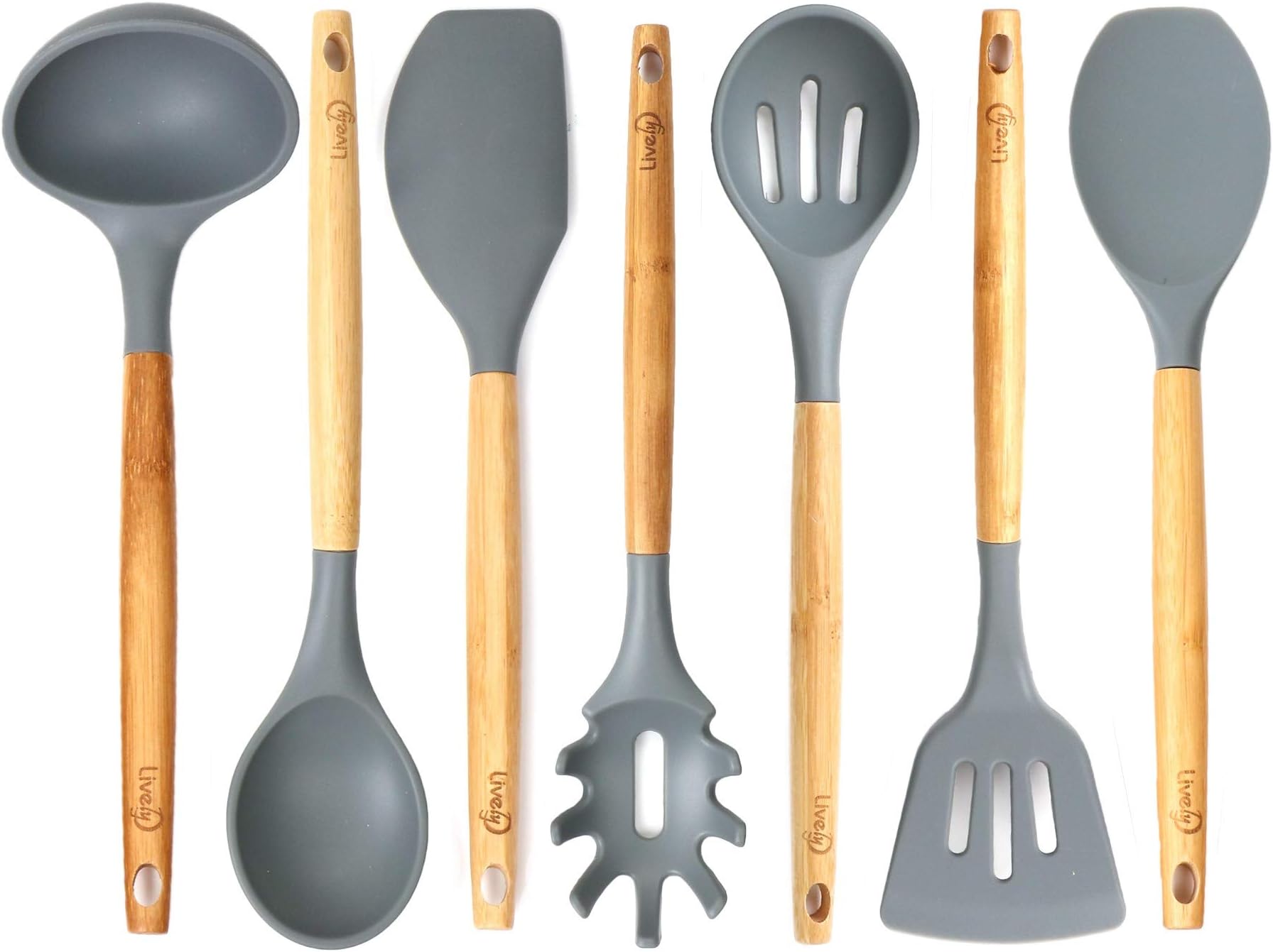 Lively Home Goods 7-Piece Premium Silicone Kitchen Cooking Utensils Set with Natural Bamboo Handles - Cooking Tool and Kitchen Gadget Set for Nonstick Cookware - Grey