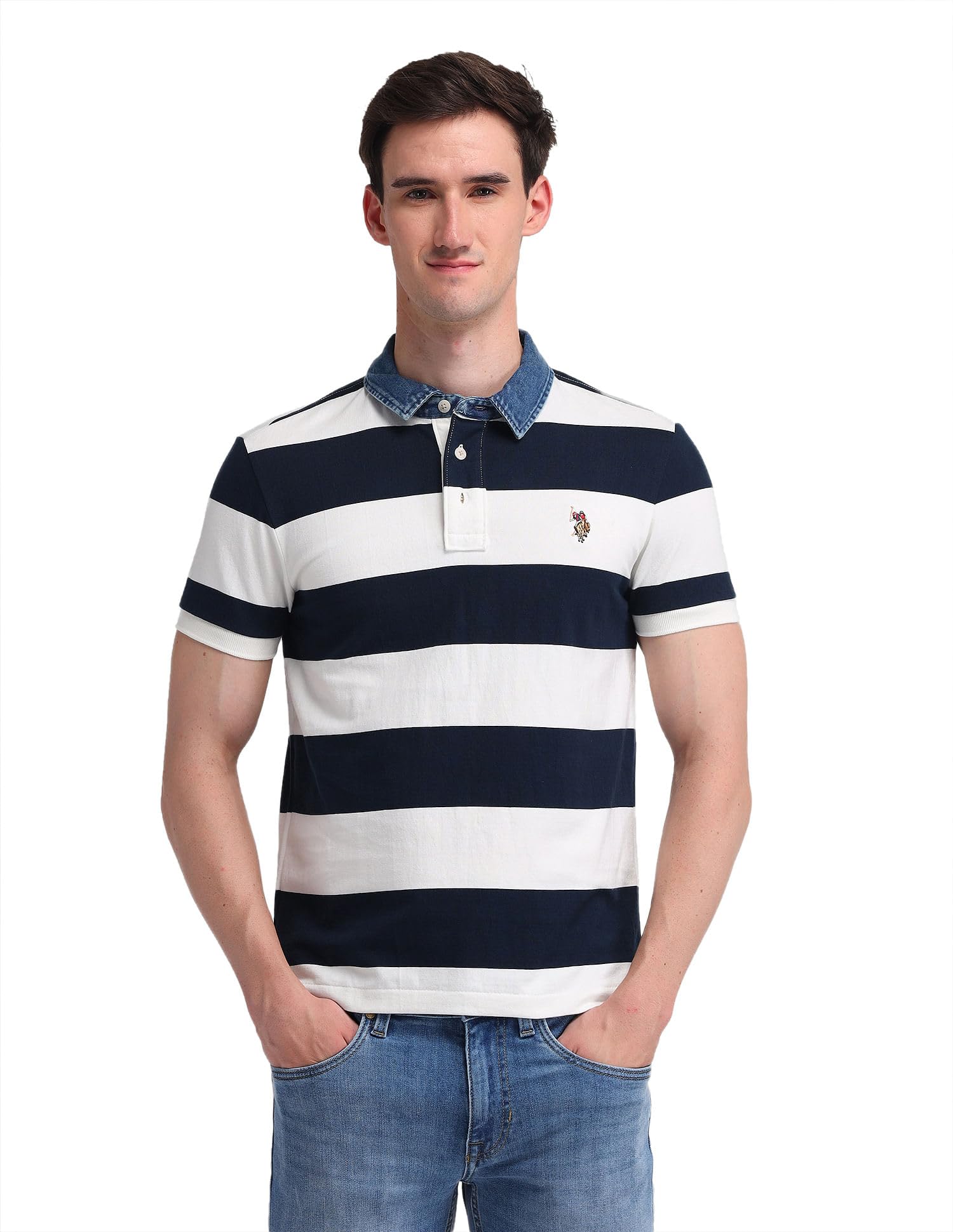 u.s. polo assn. denim co. Men's Blue Striped Polo Collar Half Sleeve Casual Cotton Slim Fit T-Shirts-picture-13