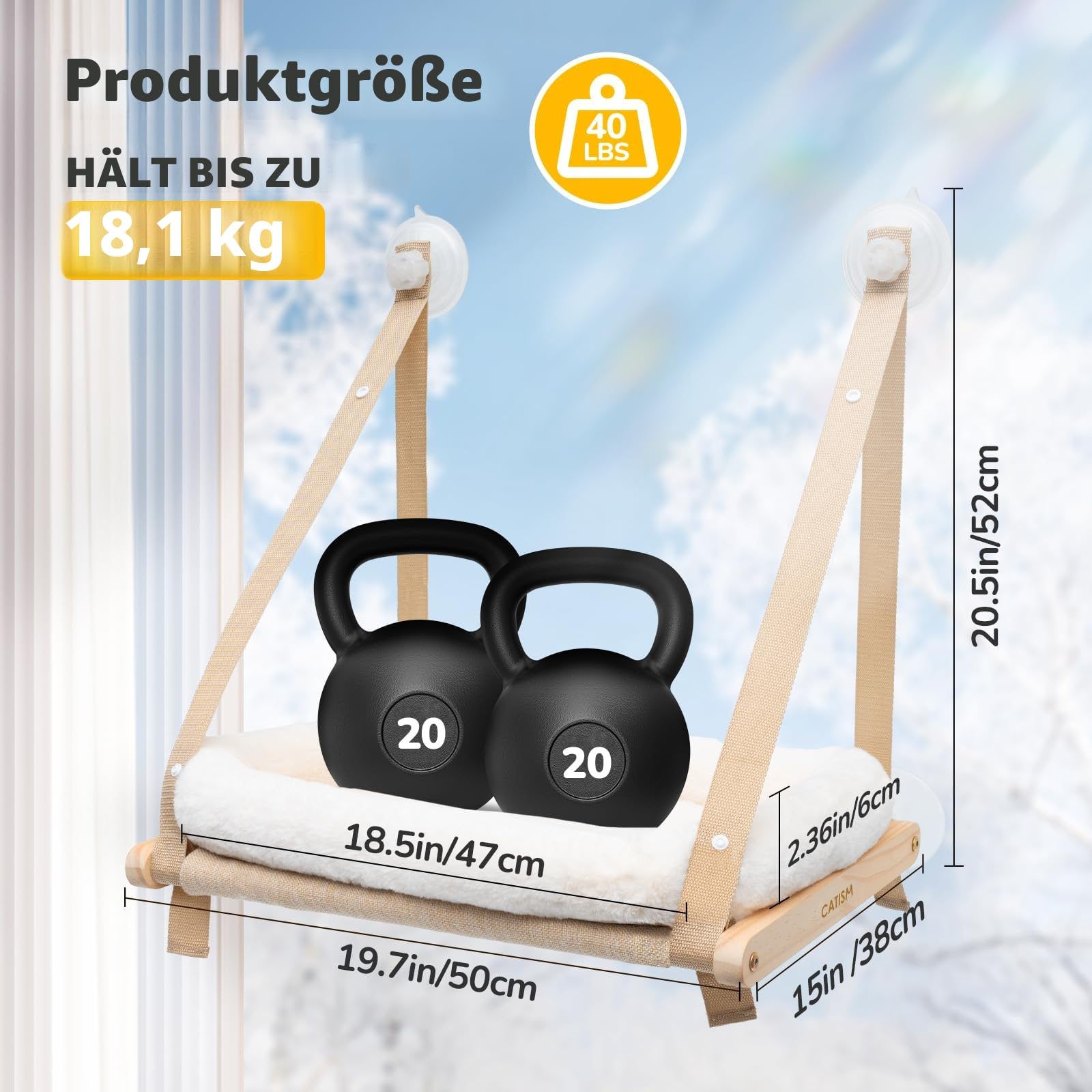 CATISM Faltbare Katzen Fensterliege mit Kissen bis 20 kg, Katzenhängematte Fenstersitz, Katzenfensterhängematten Bett für Indoor Katze, Große Katzen Sitzstange mit Stabilen Saugnapf (50 x 38 cm)