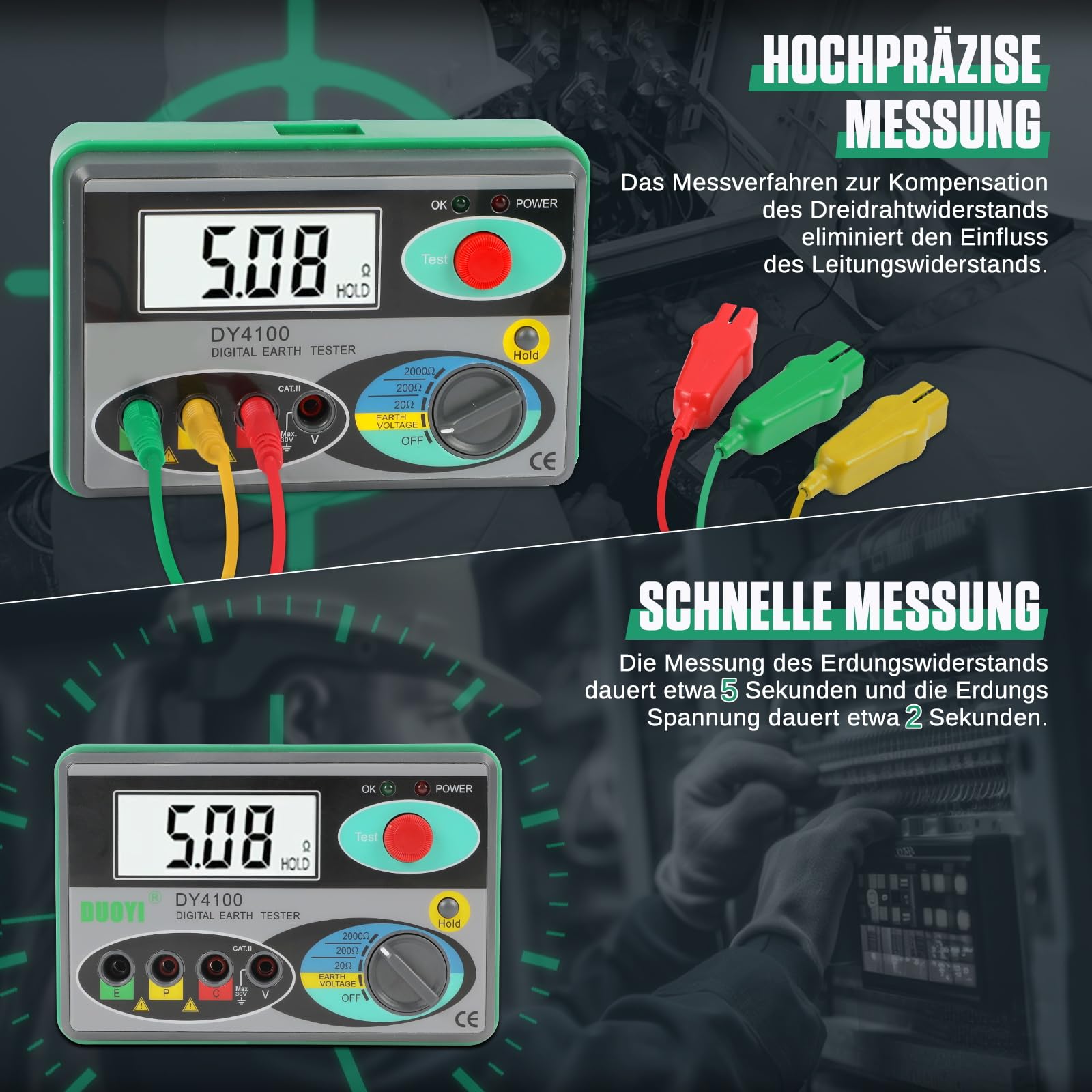 Digitaler Erdungswiderstandsprüfer 0~2000Ω Erdwiderstandstester, Datenspeicher, Erinnerung an schwache Batterie Ohm Real Megohmmeter Earth Resistance Meter