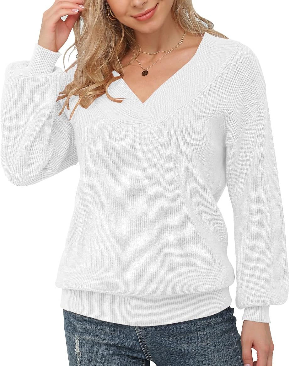 Feiersi Women's Off Shoulder Sweater Long Sleeve Loose Tops V-Neck Pullover Knit Jumper - Image 4