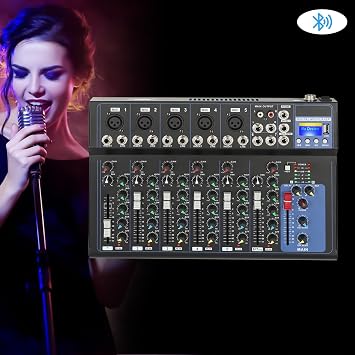 Bluetooth Portable Audio Mixer 7-Channel Professional Stereo Mixer Digital USB Computer Jack 3-Band Equalizer 6 Music Modes 48V Phantom Power Stereo DJ Mixer LCD Display For DJ,Recording,Stage