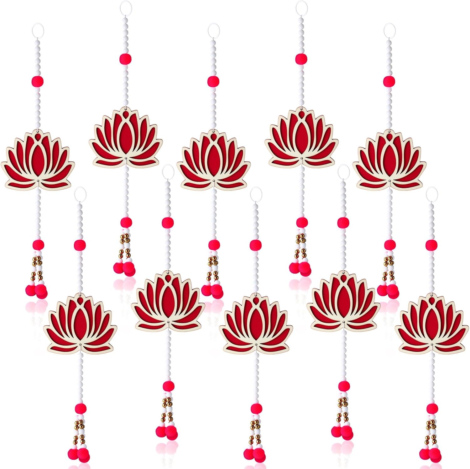 Highergo 10 Pcs Lotus Hanging Decorations Wooden Lotus Garland Ornaments for Diwali Home Indian Floral Wall Hanging for Pooja Temple Room Backdrop, 17.7 Inch