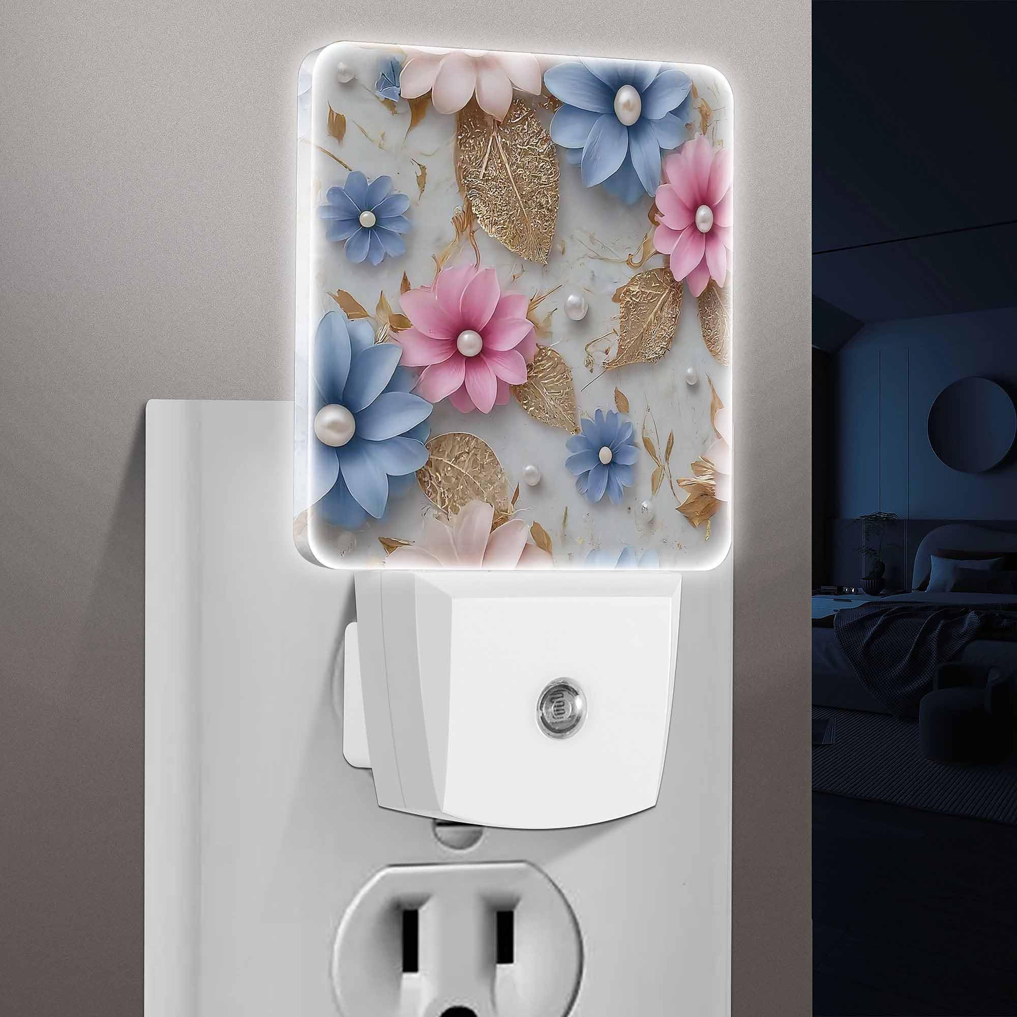 Jahiona LED Night Light Lamp with Smart Sensor Dusk to Dawn Sensor,Pink Floral Blue Flowers With Pearls Leaves Night Light Daylight White,0.5W Plug-into Wall for Adult,Bedroom,Bathroom,Hallway,Kitchen