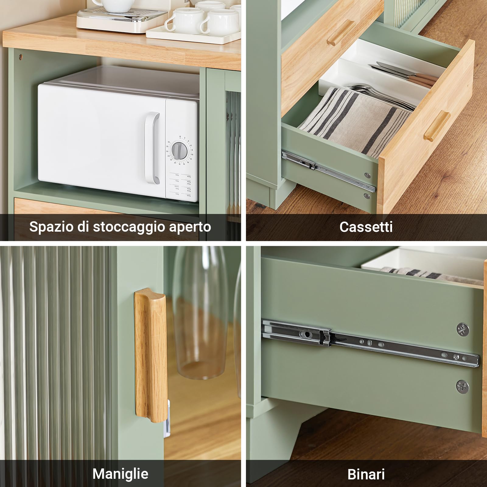 SoBuy Credenza Cucina Moderna 120 cm con Ripiano per Microonde e Portabottiglie - Mobiletto da Cucina con Ante in Vetro - Mobile Salvaspazio per Sala da Pranzo o Ingresso 120x90x40cm Verde FSB81-GR
