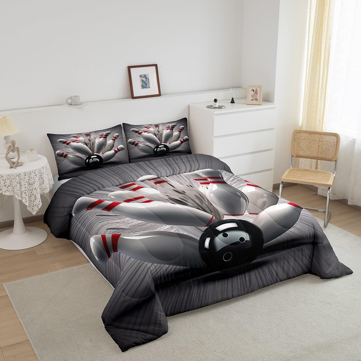 Feelyou Bowling Ball Bedding Set Sports Comforter Set for Kids Boys Girls Modern Athlete Competitive Comforter Chic Ball Game Decor Quilt Collection 3Pcs Queen Size Boys
