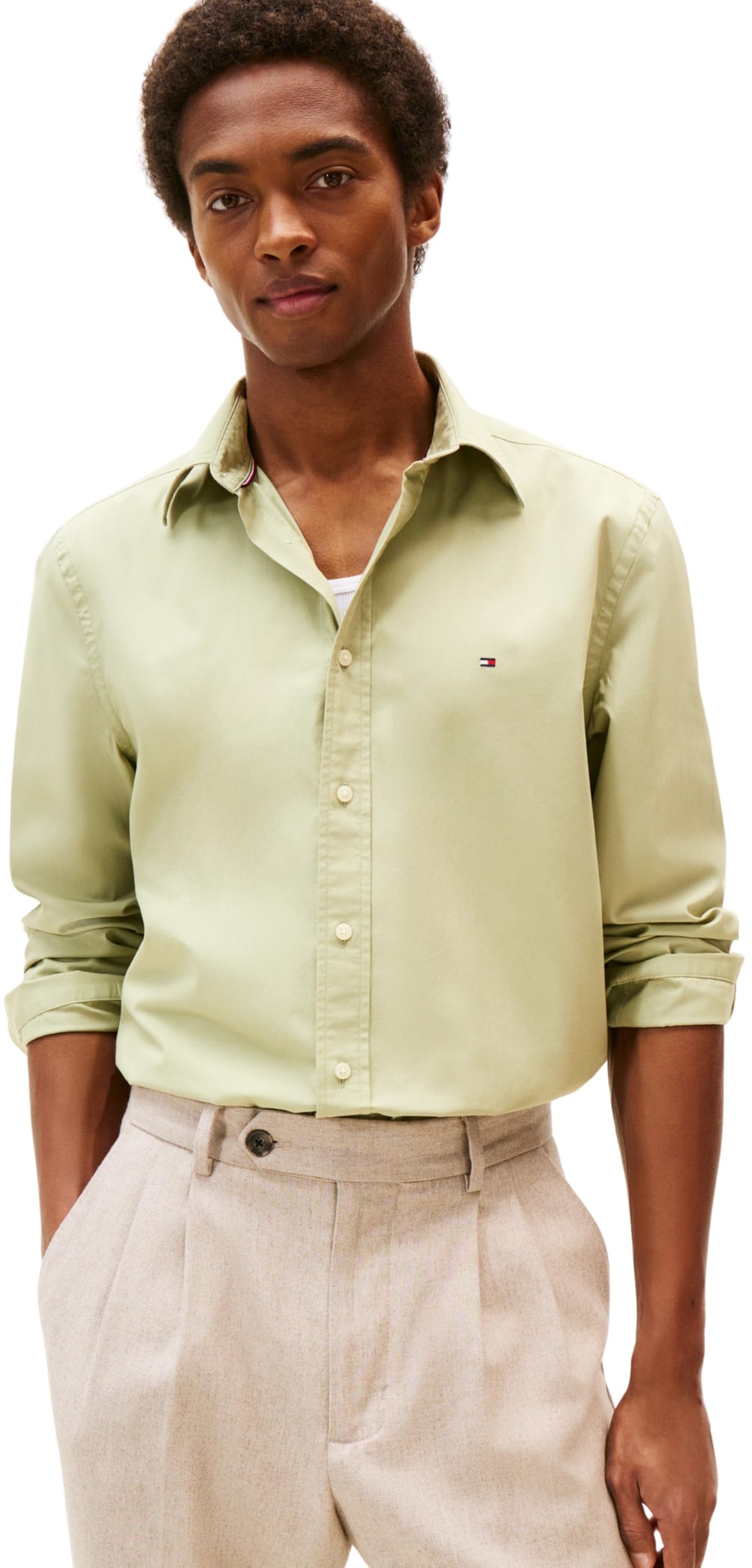 Tommy Hilfiger Men’s Flex Poplin Solid Regular Fit Shirt, Green (Earth Sage), XXXL