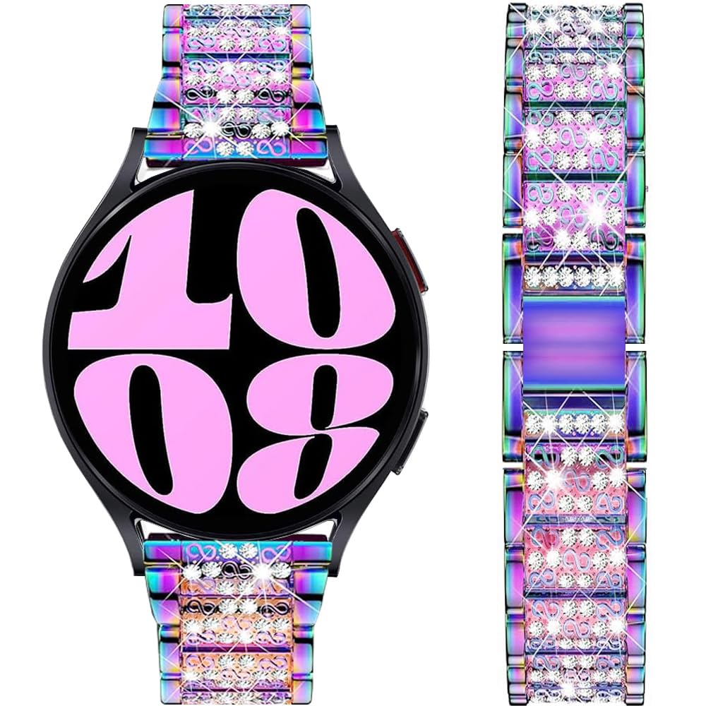 Bands Compatible with Samsung Galaxy Watch 7 / FE / 6/6 Classic / 5/5 Pro / 4/4 Classic / 3 41mm / Active 2, 20mm Bling Rhinestone Diamond Metal Replacement Strap for Women Men (Rainbow)