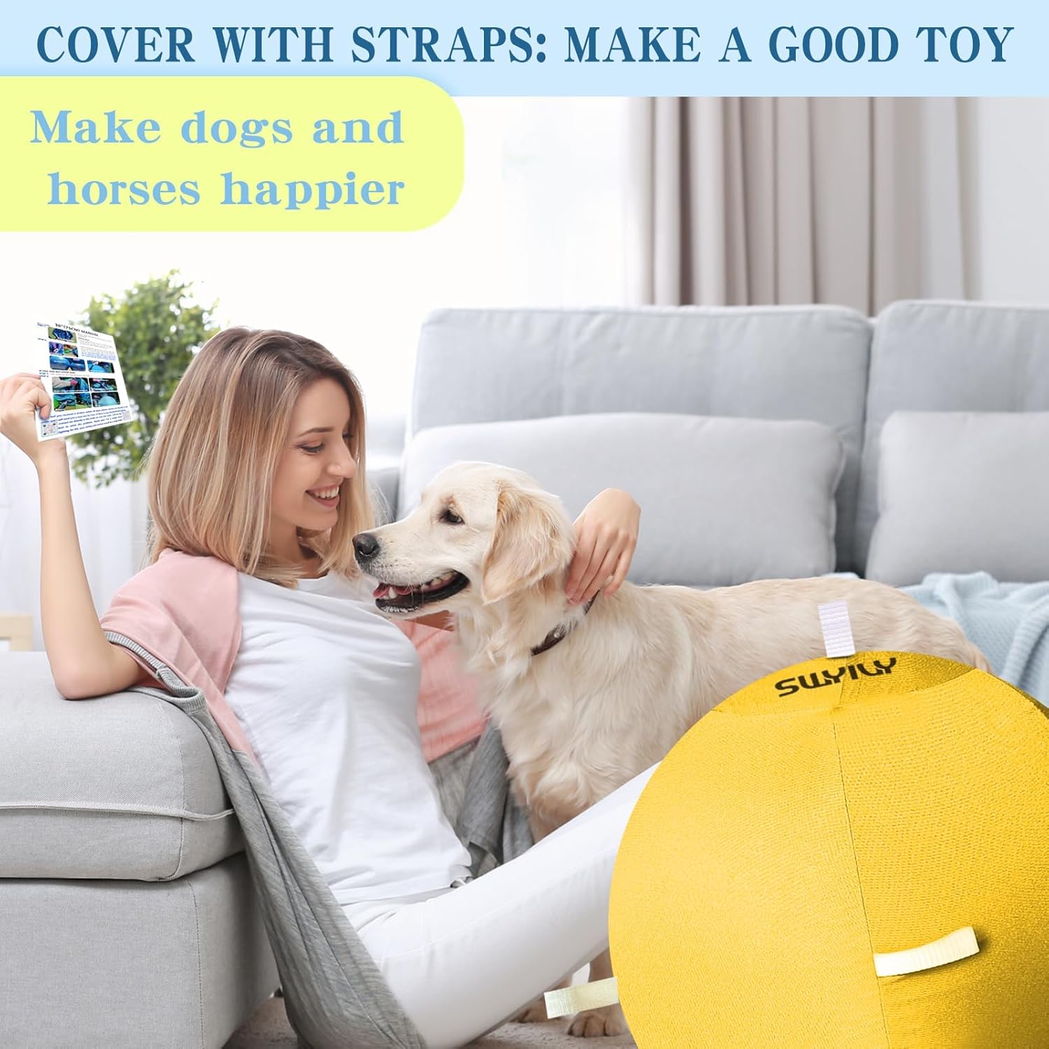 25" Horse Ball&Cover with Straps, Herding Ball for Dogs Blue Heelers, Giant Horse Balls for Play for Horses to Play with, Mega Pets Soccer Yellow Ball for Australian