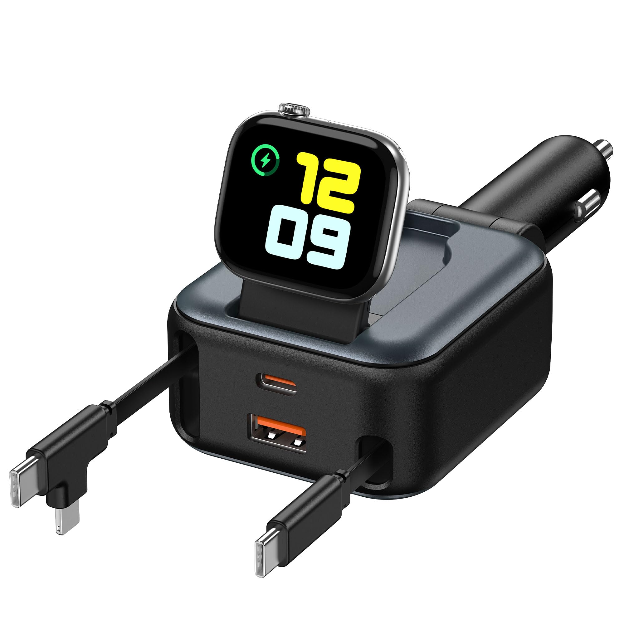 6 in 1 Retractable Car Charger, 100W USB C + USB A Fast Charging for iPhone 17/16/15/14/13/12/11, iWatch, Android, Travel Essentials Car Accessories, Gift for Men & Women (Grey) - 1