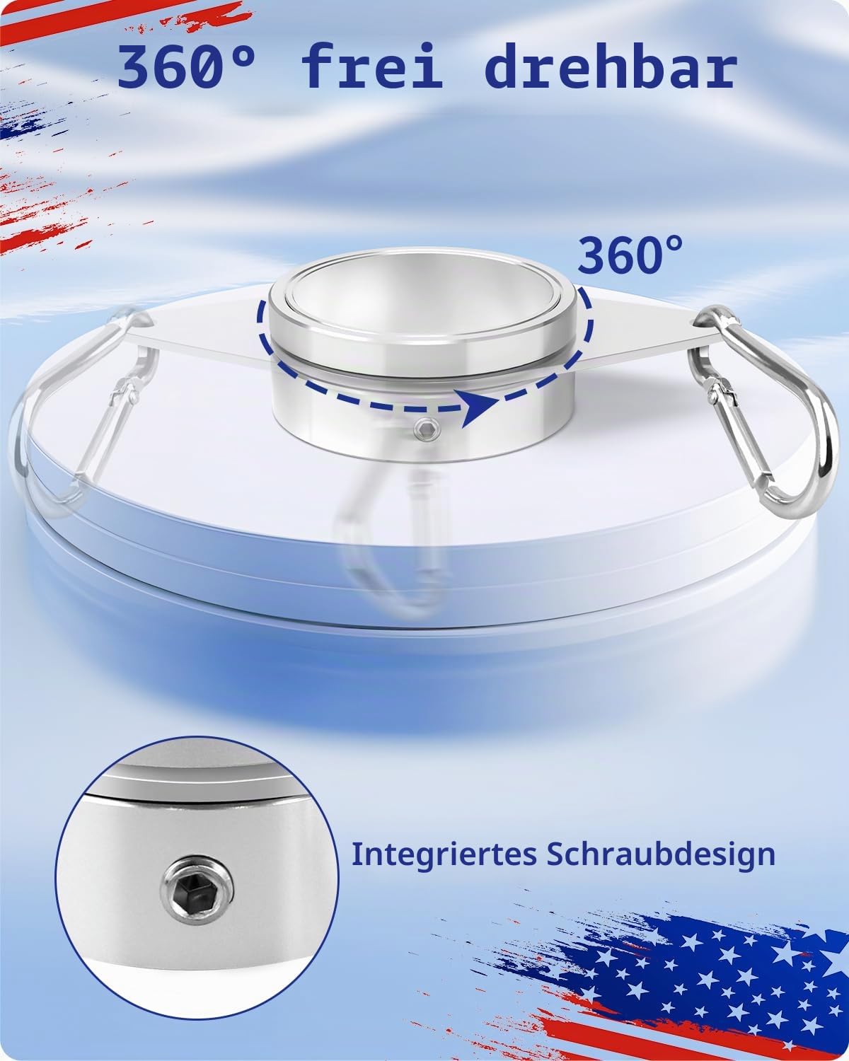 Loretoy Fahnenmastringe aus Aluminiumlegierung, um 360 Grad drehbarer Fahnenmast-Befestigungsringe, drehbarer Fahnenmast-Set mit Karabiner für Fahnenmast mit 3,8 - 5,1 cm Durchmesser, 2 Stück