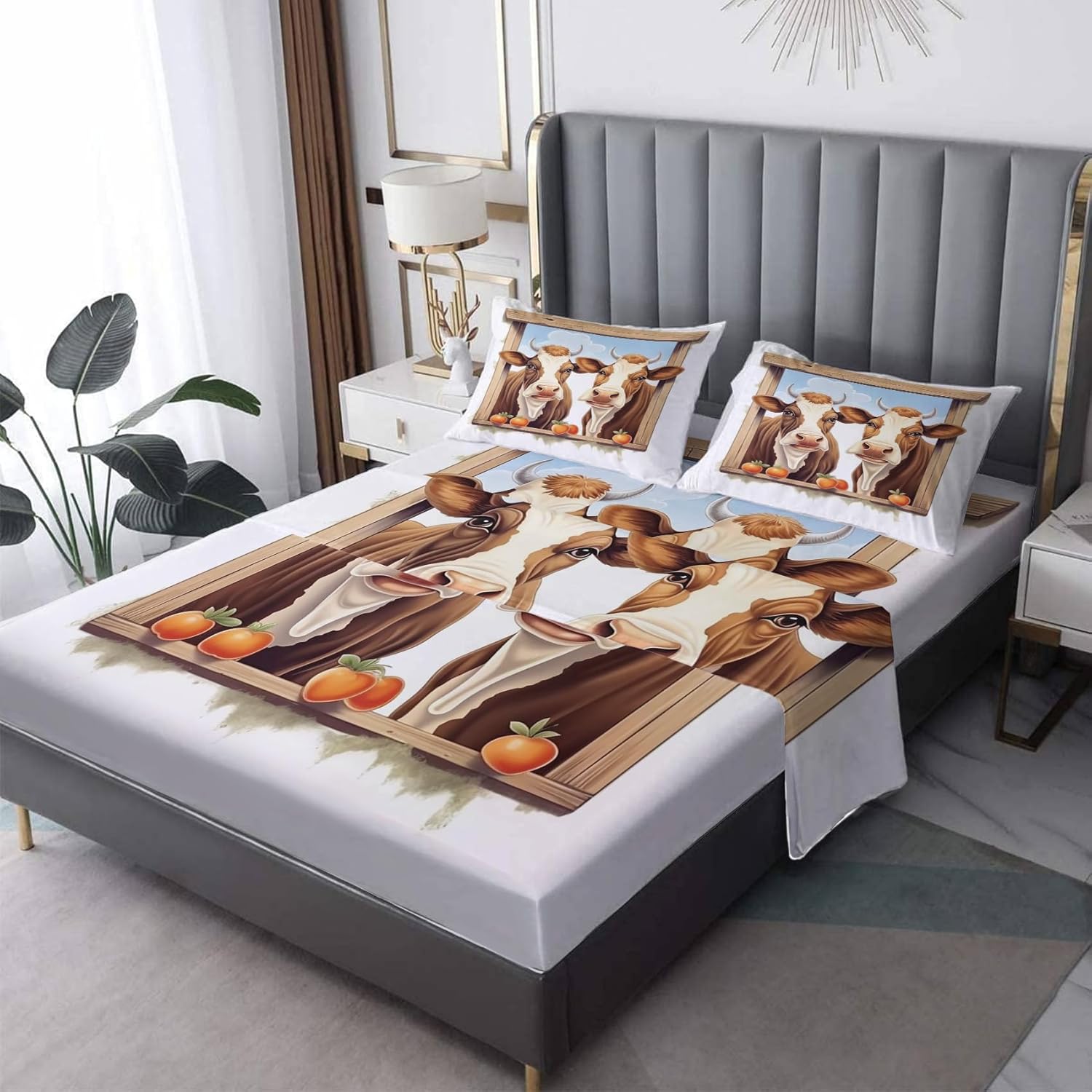 Highland Cow Sheets Twin XL Size, Plateau Cow Bed Sheets & Bedroom Decor, Farmhouse Animal Bedding Set 3 Piece - 16 Inch Deep Pocket Fitted Sheet,1 Flat Sheet, 1 Pillow Case, Microfiber