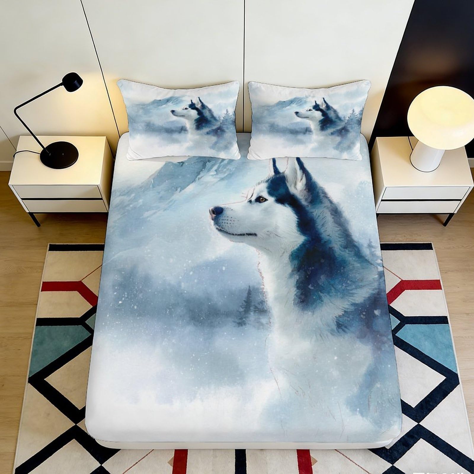 3D Printed Husky Dog Fitted Sheet Microfiber Soft Breathable Mountain Snow Mattress Cover for Bedroom Dormitory Guest Room Mattress Protection Decor 140x200x25cm