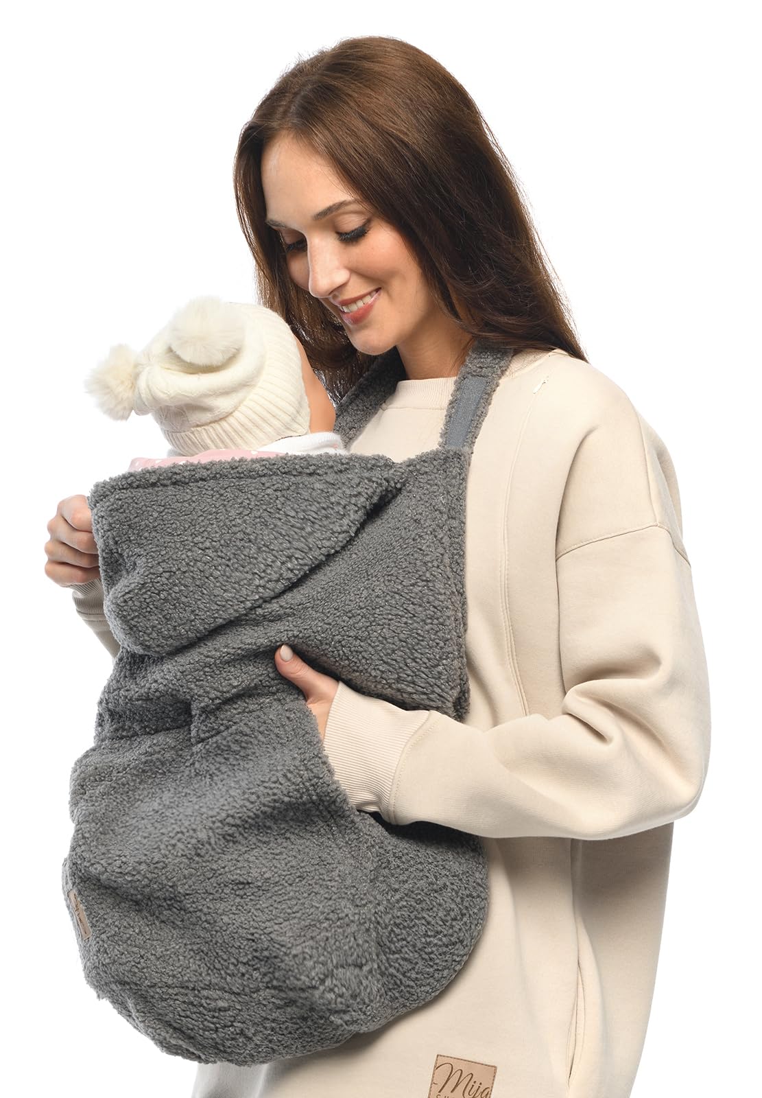 MijaCulture Tragecover M025 TEDDY - Copertura universale per portabebè e mantello, copertura calda per neonati (Grigio/Rosa)