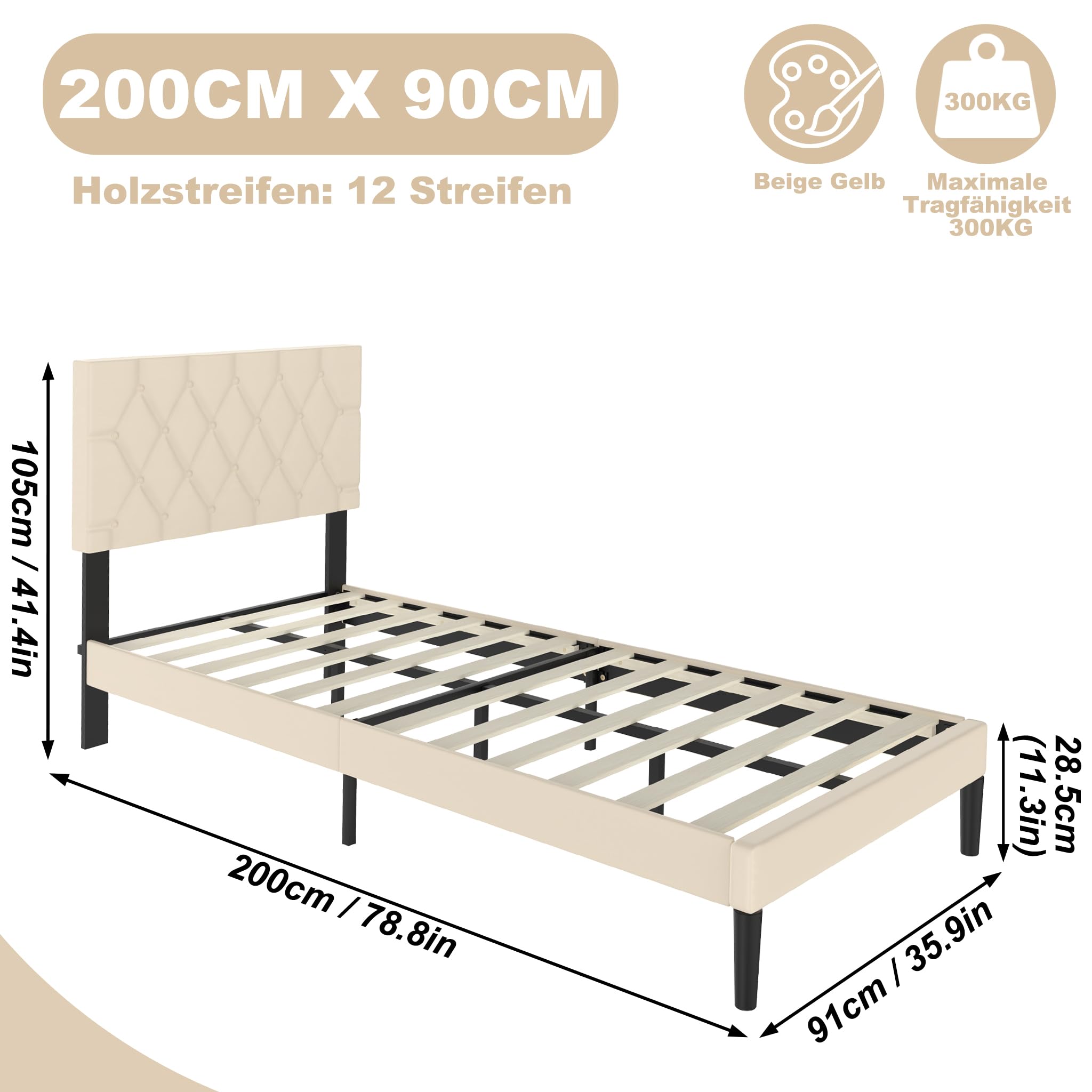 Suusolny Letto imbottito con testiera in pelle e rete a doghe, letto singolo, montaggio semplice, con strumenti di installazione, telaio fino a 300 kg, colore beige, 90 x 200 cm