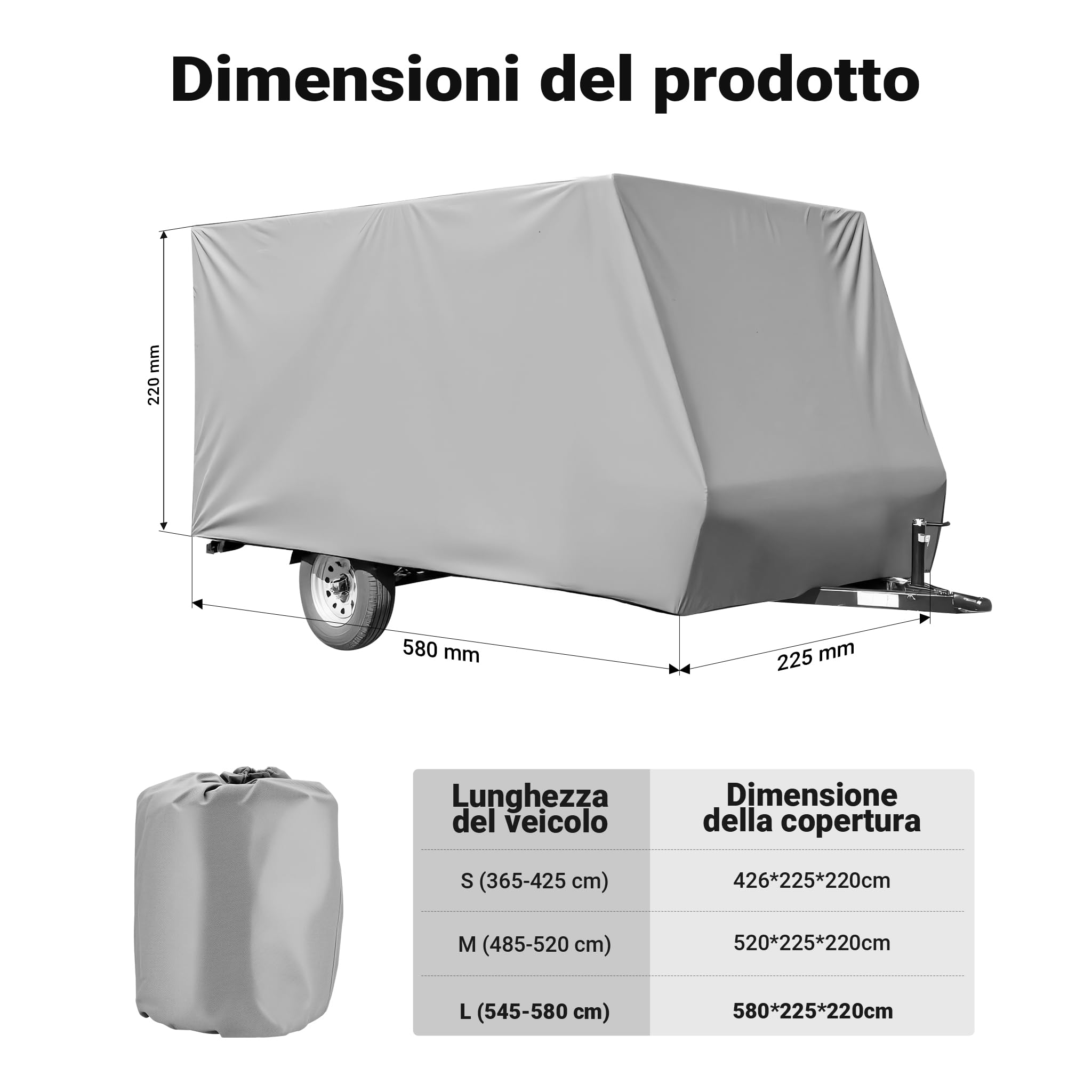 Wiltec Telo di protezione per roulotte Taglia L 580x225x220 cm Copertura per roulotte Telo copri caravan