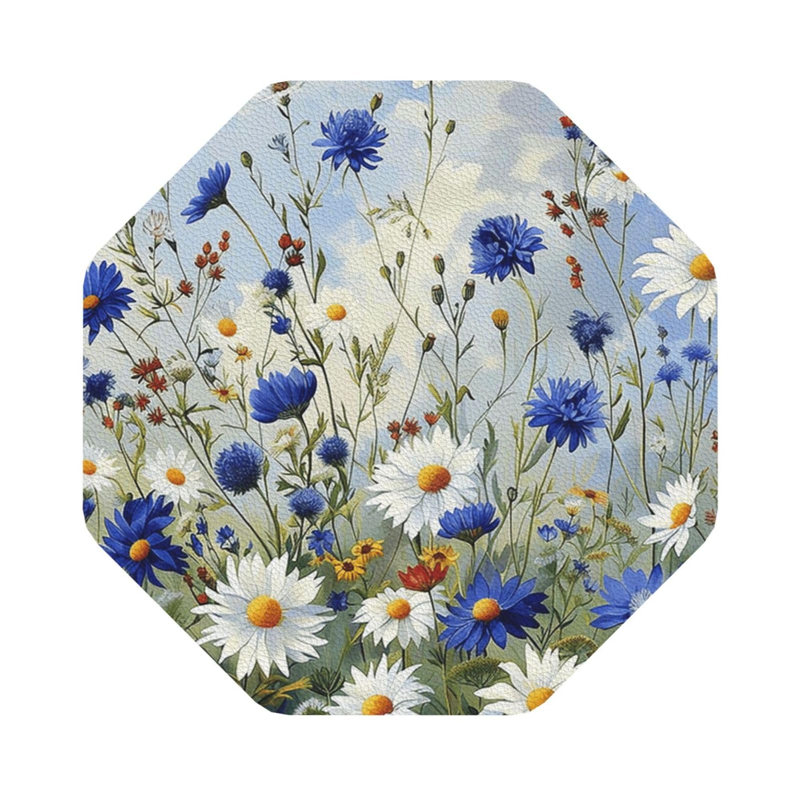 Wild Flowers and Cornflowers Daisies art Print Leather Coaster Set of 6, Octagon Coasters Table Decorative Coffee Cup Beverage Coasters Wine Beer Bar Coasters for Hot Drinks Table Protection