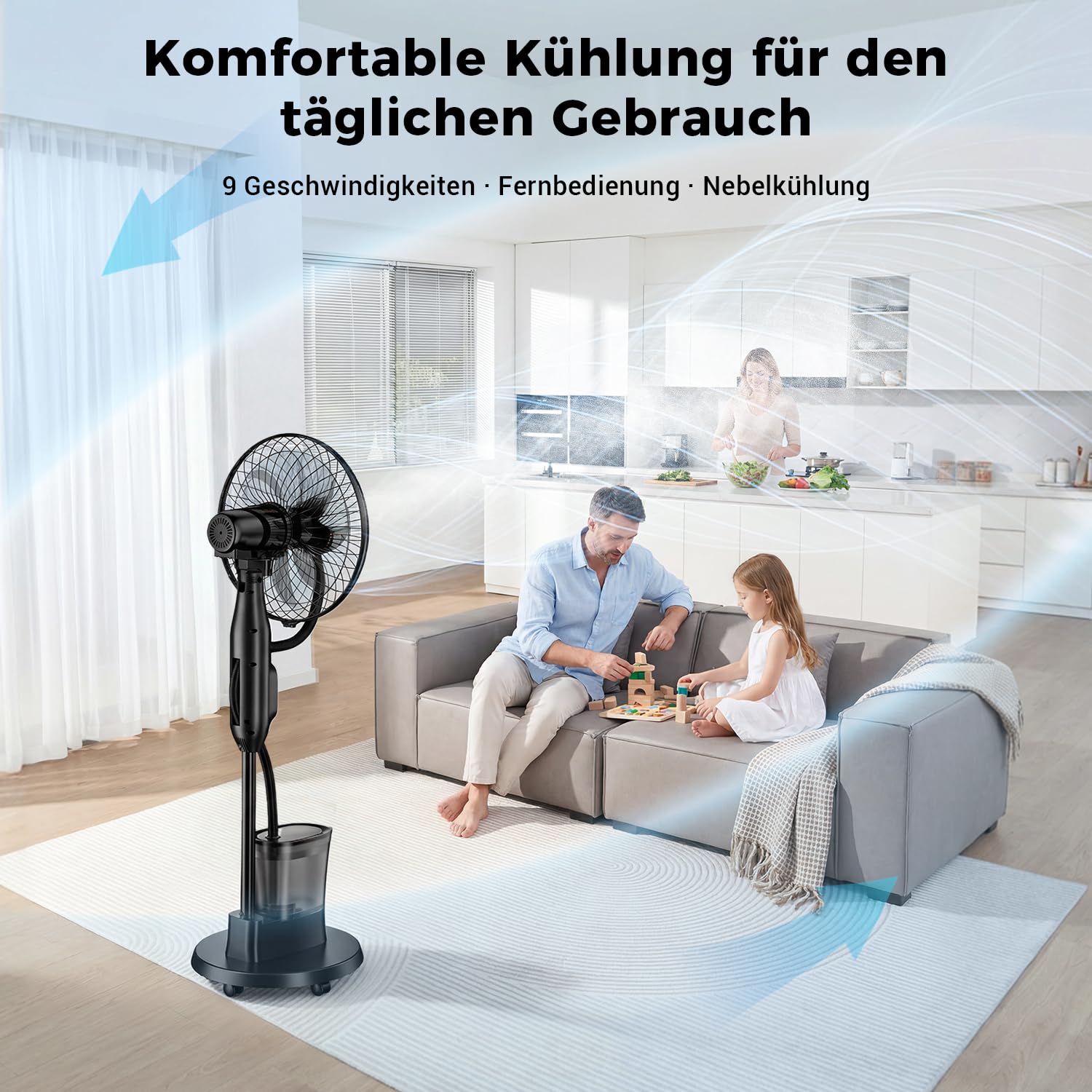 NebulaFlow Standventilator mit Wassersprüher, 3-in-1-Kühlung & Befeuchtung, Oszillierender Bodenventilator, 9 Geschwindigkeiten, 3 Modi, Fernbedienung, Leiser Schlafzimmerventilator, 1 Stück
