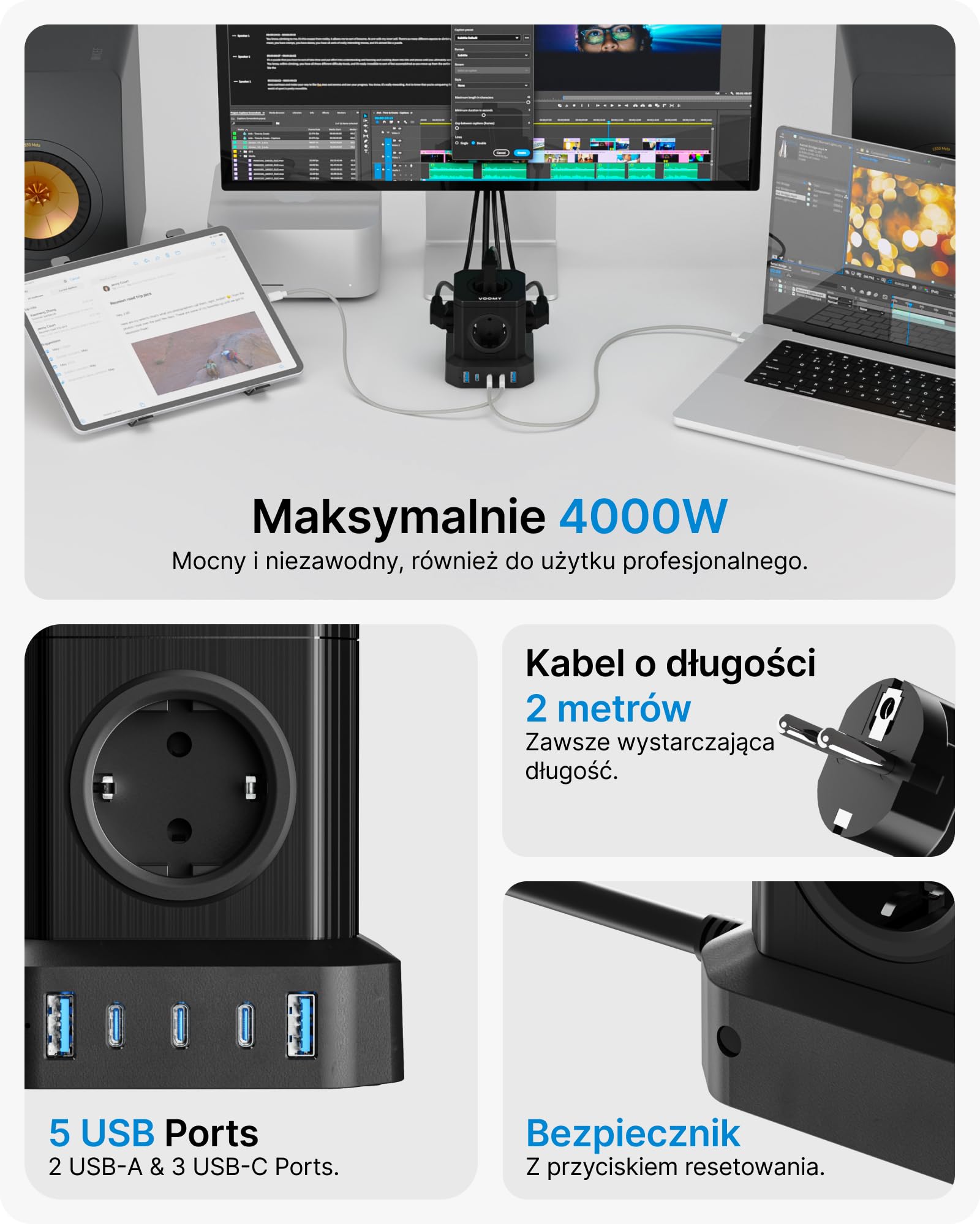 VOOMY Listwa zasilająca USB do szybkiego ładowania, 65 W, 10 gniazd z przełącznikiem, do rodziny, kuchni i biura z 3 portami USB-C i 2 USB-A 2 m, 4000 W, czarna