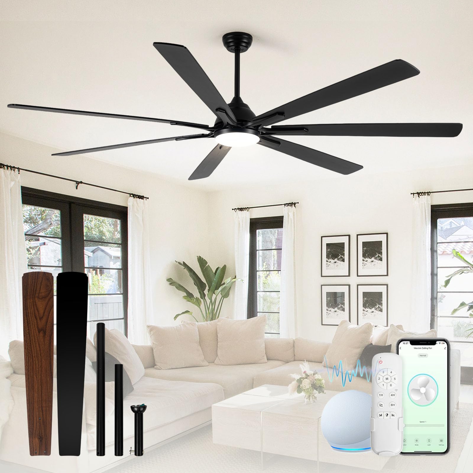 Minislak - Ventilador de techo inteligente grande de 84 pulgadas con control remoto de luces a través de WiFi Alexa, motor de CC silencioso de 6 velocidades, regulable, ventilador de techo negro para