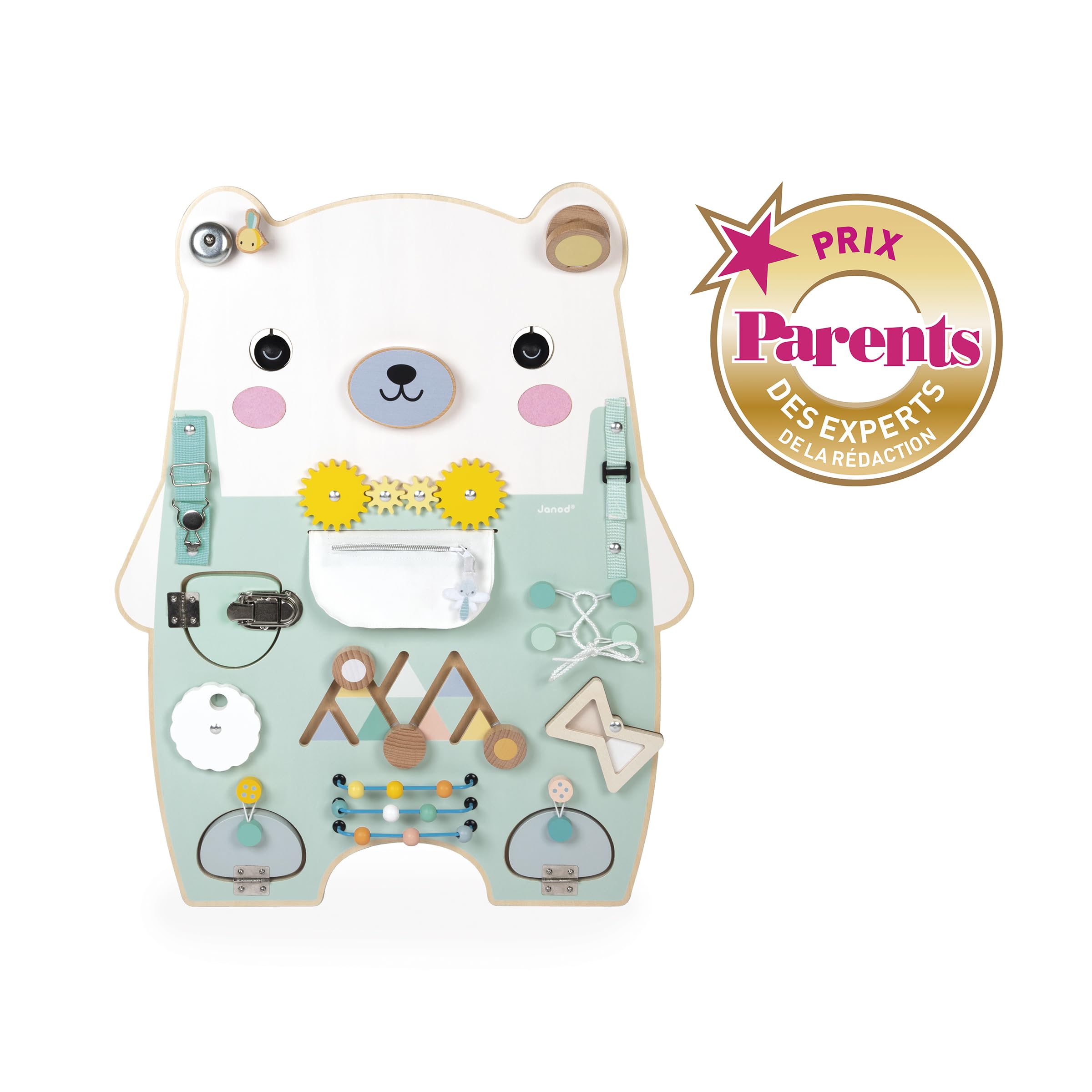 Janod Busy Board Ourson, 20 attività, Grande Tavolo di attività in Legno, Ottime per Lo Sviluppo della motricità fine, la curiosità e la destrezza, Altezza 60 cm, da 18 Mesi, J05162