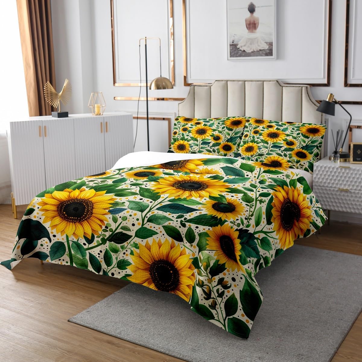Homewish Sunflower Bedspread Twin Size,Yellow Floral Green Leaves Plant Bedding Set for Kids Boys Girls Room Decor,Colorful Polka Dot Coverlet Set 2Pcs,Blossom Nature Botanical Quilt,1 Pillowcase