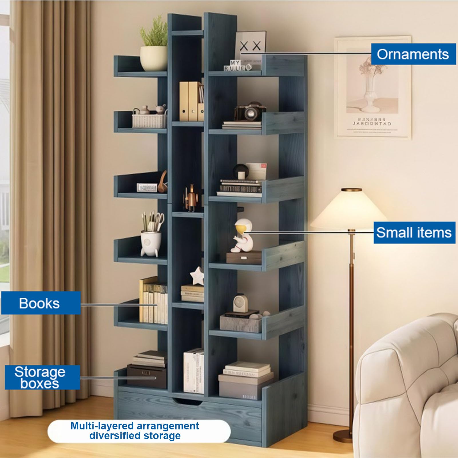 Estantería Vertical de 6 Niveles,Librería con Cajón,Estantería de Pie de Madera de Ingeniería,Gran Capacidad de Almacenamiento,51 X 18 X 172 Cm, para Salón,Dormitorio y Oficina C