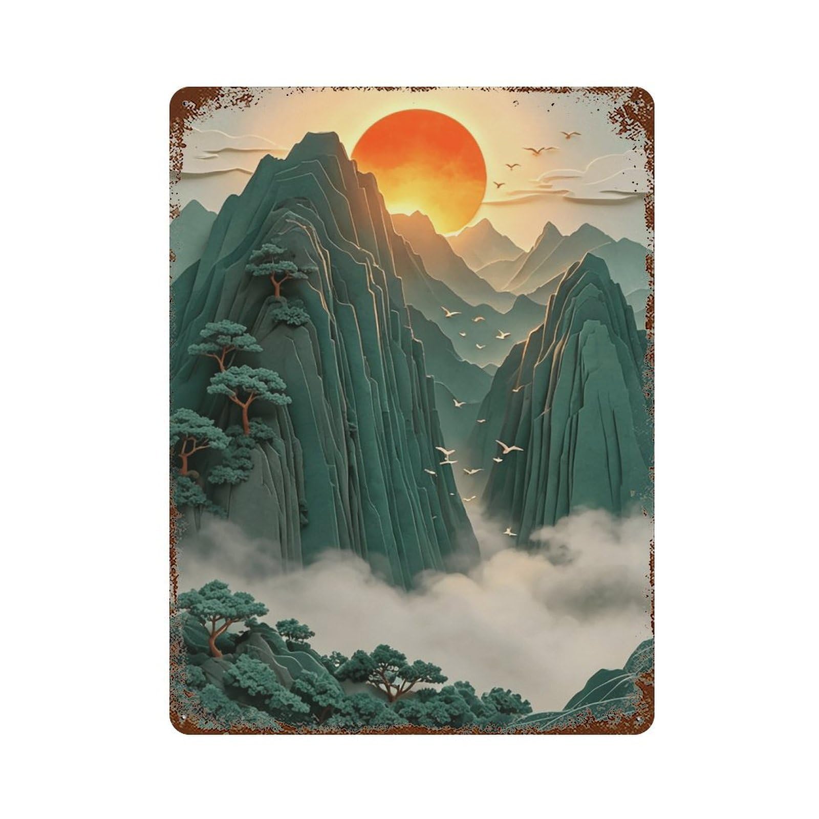 WIHYRTUI Eastern Tiered Misty Peak Sunset Motif 03 Wall Retro Iron Metal Tin Sign Vintage Art Poster Modern Home Cofffee Club Art Bar Shop Decor Style 40x30cm