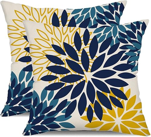 Juego de 2 fundas de almohada de flores azules y amarillas de 16 x 16 pulgadas, para exteriores, impermeables, decoración para sala de estar, sofá,