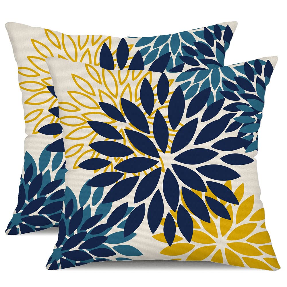DFXSZ Blue Yellow Flower Pillow Covers 16x16 Inch Set of 2 Outdoor Throw Pillows Outdoor Waterproof Decor for Living Room Sofa Patio Funiture Garden