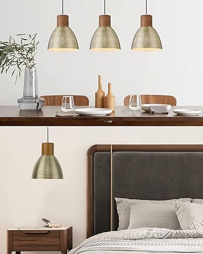 Miniatura 6 de ELYONA Paquete de 2 lámparas colgantes martilladas, lámpara colgante de madera maciza de metal vintage de 10.2 pulgadas, luces colgantes de oro