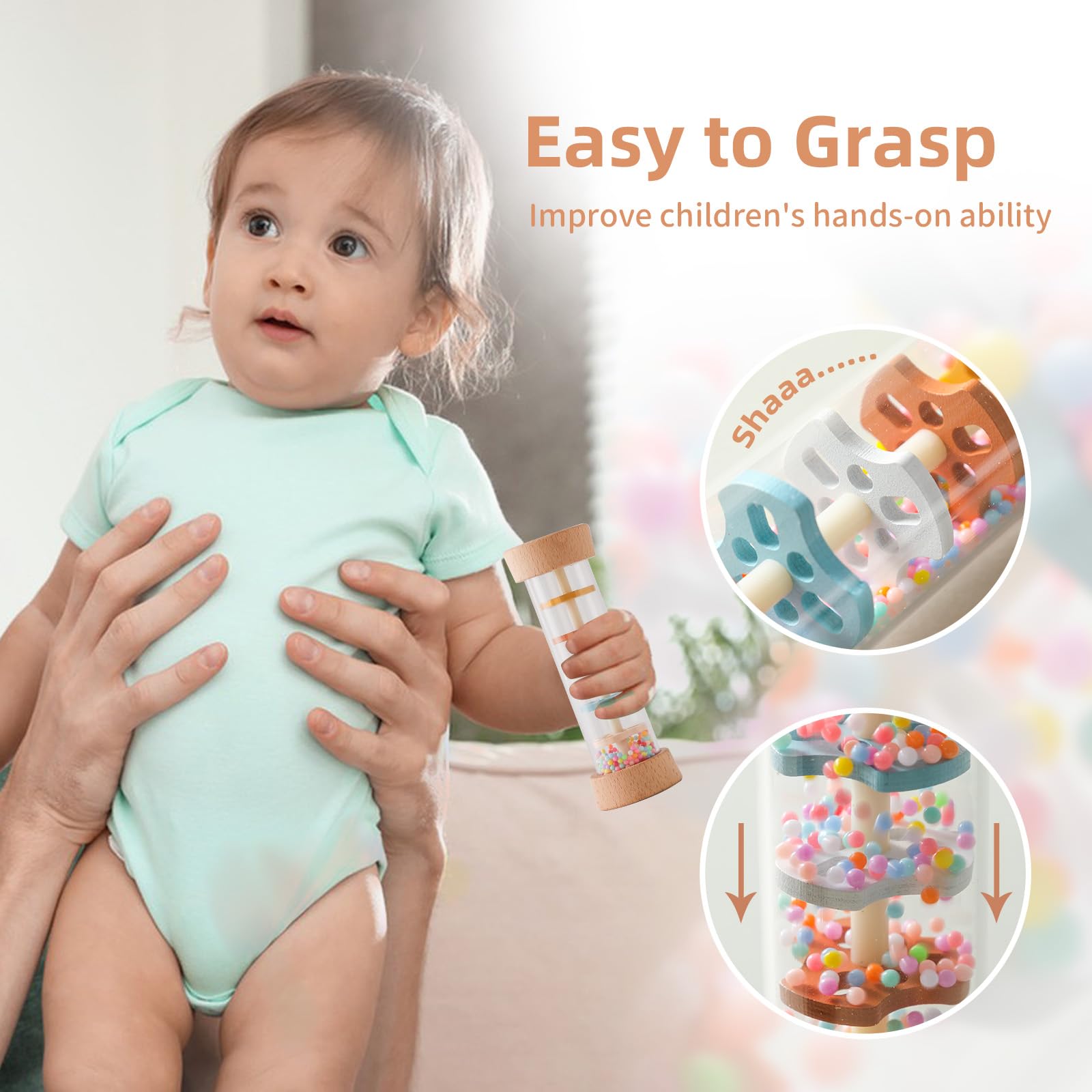 WOODEN TEETHER Rassel Baby Rainmaker Musical Toy Rain Stick Musical Toy Montessori Toys for Babies,Baby Rattle Sensory Hand Grip Developmental Toy, Musical Instruments Toys - Image 3
