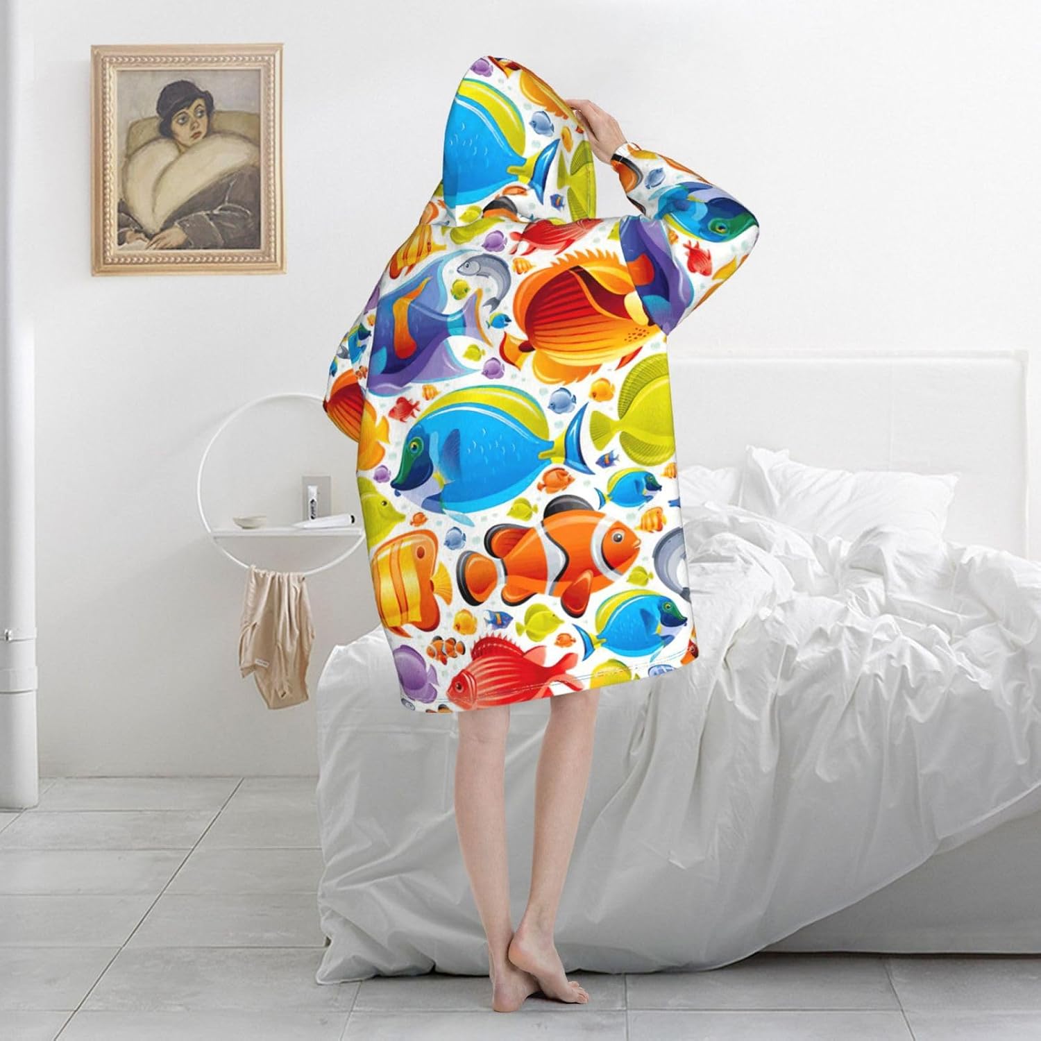 Cartoon Fishprint Oversized Hoodie Blanket, Super Soft Warm Comfortable Hoodie, Wearable Blanket Adult