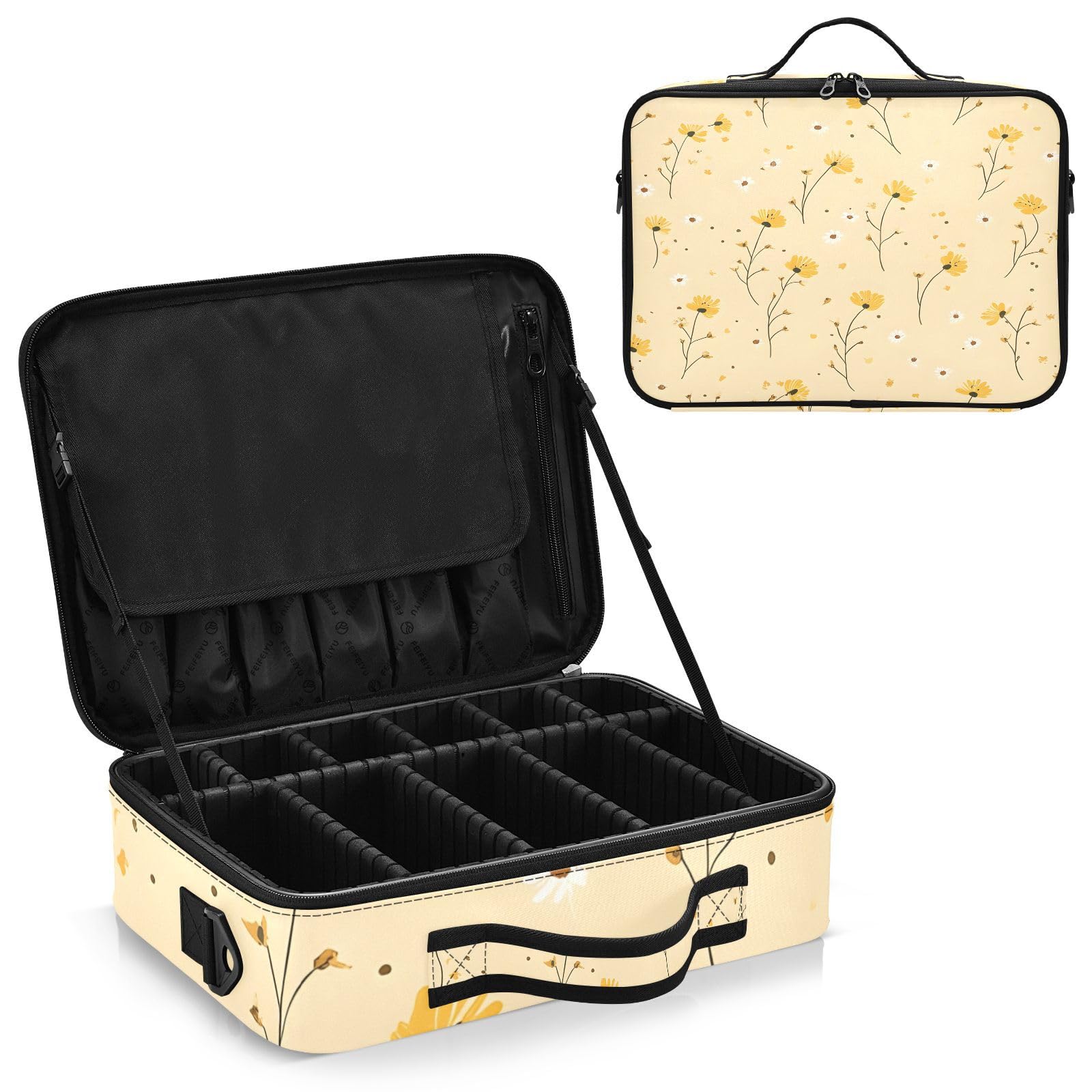 zyrtty Travel Makeup Train Case Little Flower Pattern Yellow Cosmetic Organizer Portable Storage Bag with Adjustable Dividers for Cosmetics Brushes Toiletry Jewelry Digital Accessories