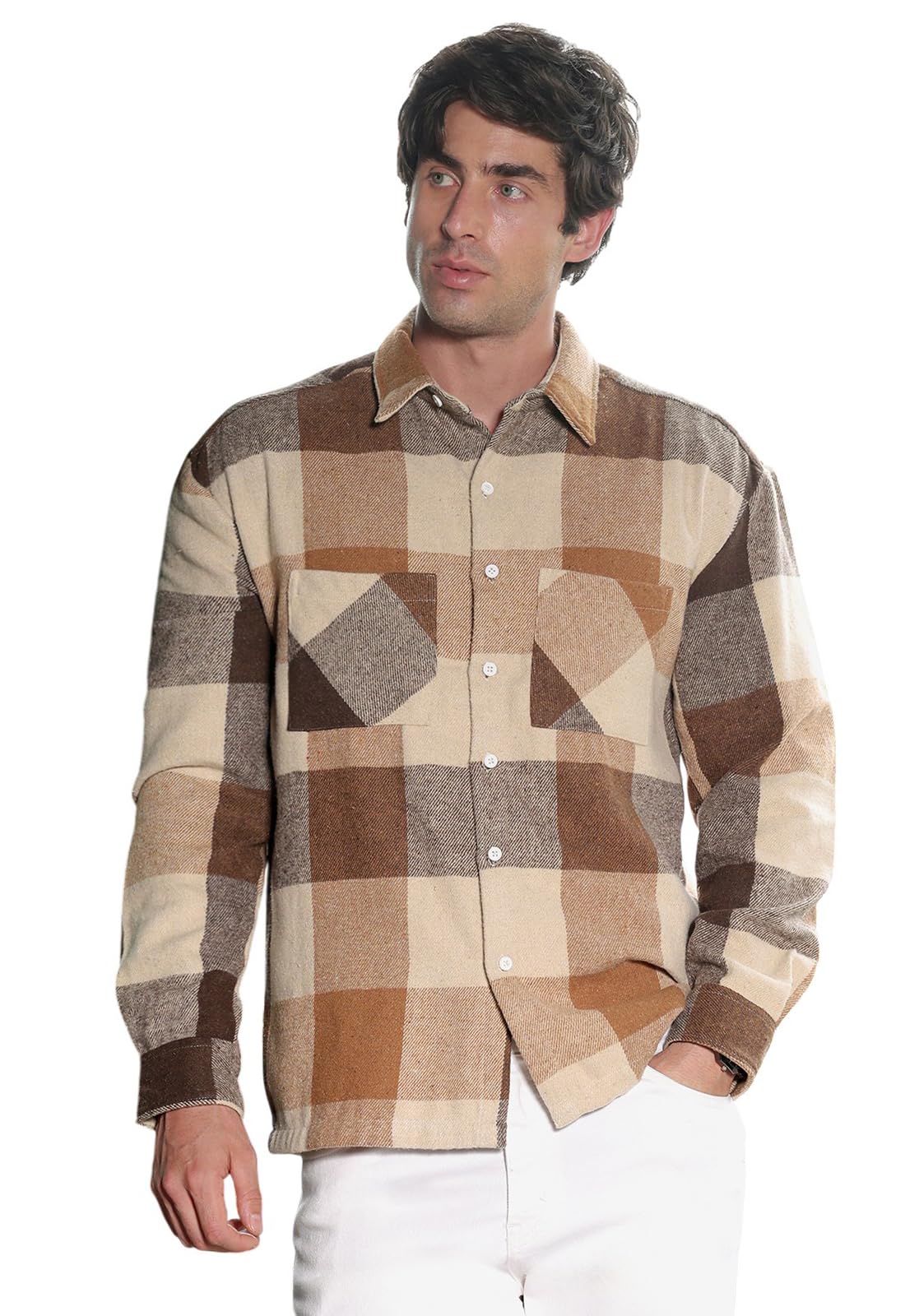 cahoot Men's Brown & Beige Buffalo Check Utility Shacket for Casual Wear | Spread Collar | Long Cuffed Sleeves | Button Closure | Overshirt/Shacket Crafted with Comfort Fit for Everyday Wear-picture-11