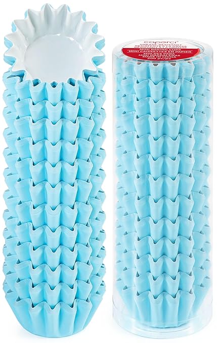 Caperci Grease-Resistant Blue Cupcake Liners Mini 200 Counts - Heavy Duty Paper Muffin Baking Cups, Odorless, No Muffin Pan Needed, Easily Peels (Light Blue)