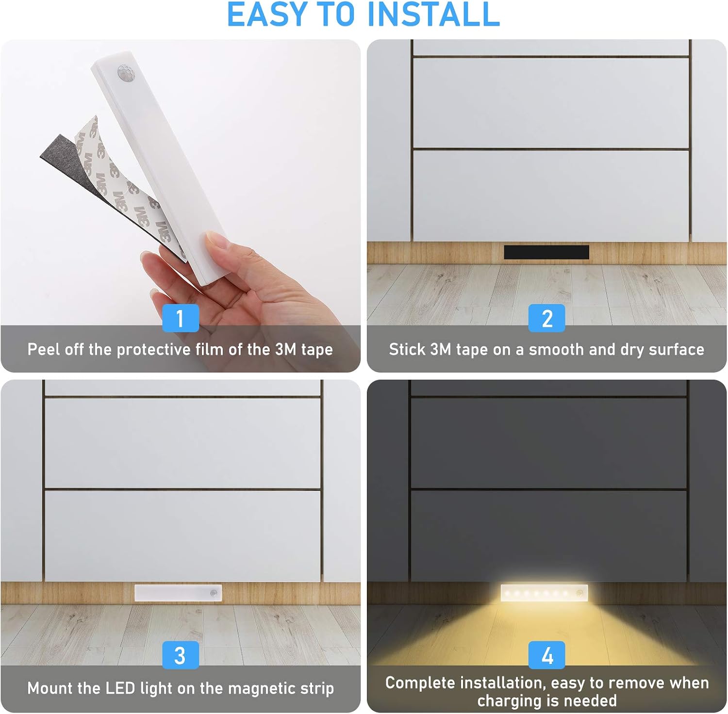 Tolare Wireless Under Cabinet Lighting, Rechargeable Led Closet Lights 3 Pack Magnetic Stick On Motion Sensor Night Light Indoor for Stairway, Hallway,Kitchen, Counter, Shelf, Wardrobe …