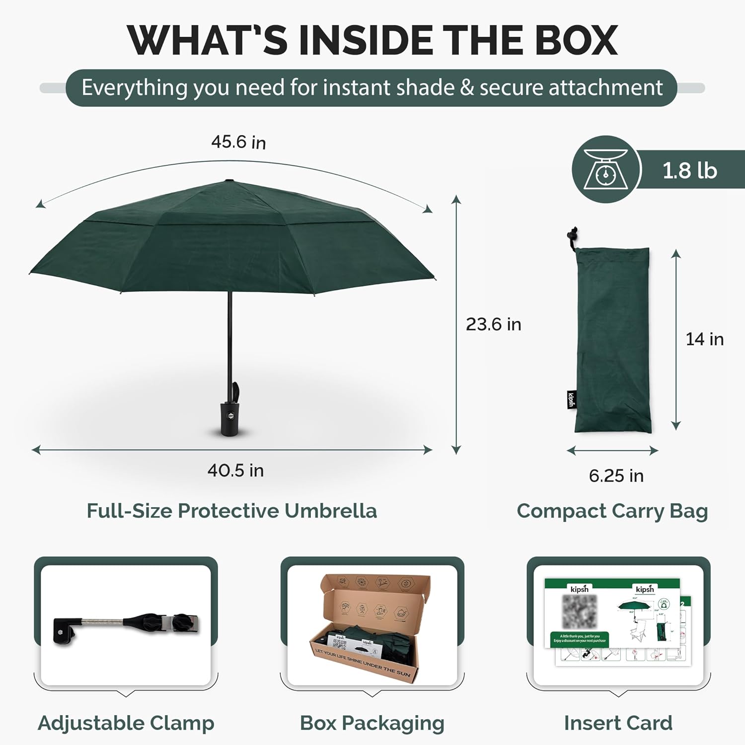 Beach Chair Patio Umbrella with Universal Adjustable Clamp - Clamp-on Outdoor Sports Umbrella for Stroller Pool Camp Bleachers, Compact Lightweight Portable Shade, Windproof Sunshade (Dark Green)