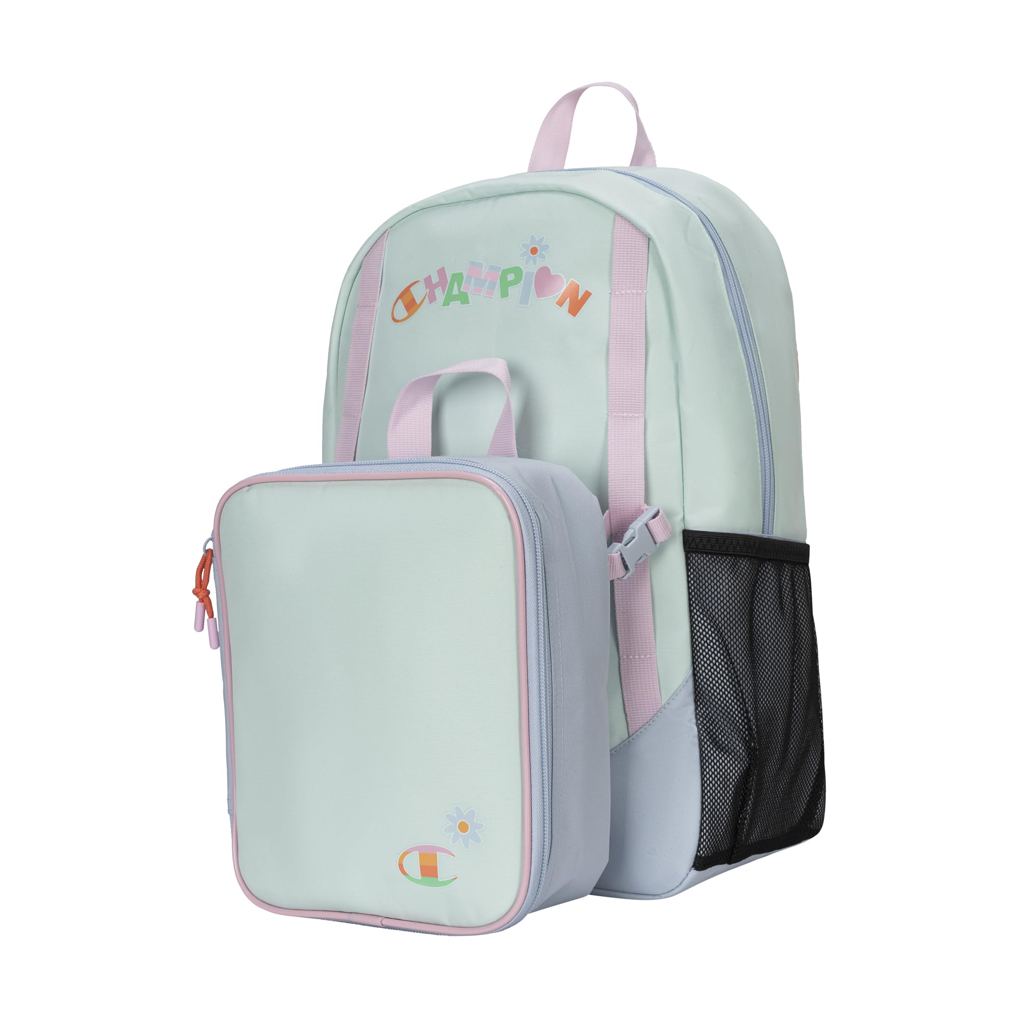 Champion Kids' Mode 2-Piece Backpack and Insulated Lunch Box Combo Set with Laptop Compartment, Padded Straps, Water Bottle Pocket for Daily Use, Silver Birch/Iceberg Green/Peach Cobbler, One Size