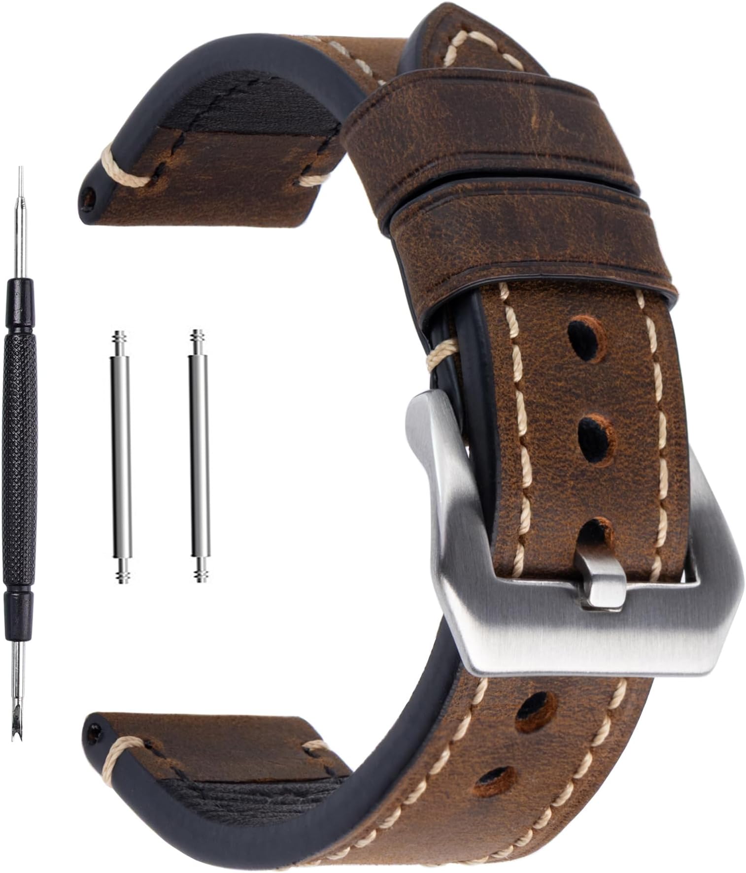 Berfine Dark Brown 22mm Genuine Leather Wristwatch Watch Band Oil Tan Vintage Strap for Men with Stainless Buckle