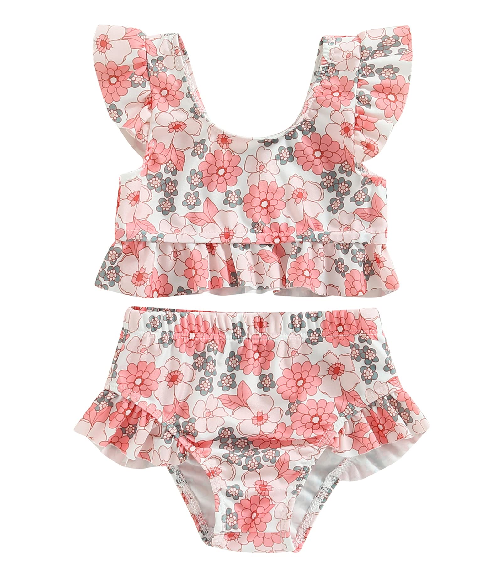 Toddler Baby Girl Swimsuit Two Piece Ruffle Sleeve Tankini Top+Swim Short Floral Bathing Suit Summer Bikini Beach Wear (Flower-Pink, 18-24 Months)