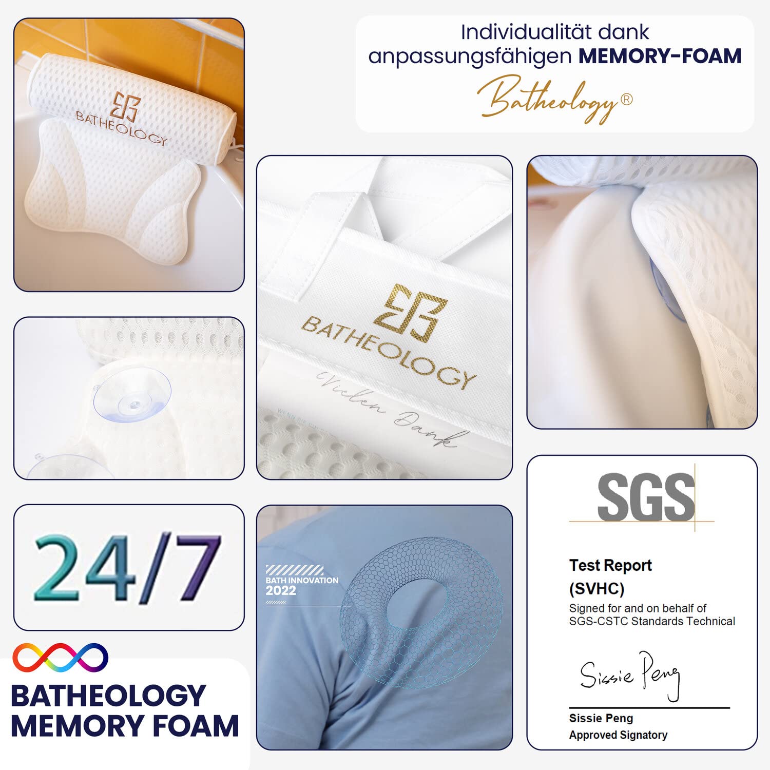 Cojín para bañera Batheology®, cojín ergonómico para bañera con relleno de espuma viscoelástica con memoria, cojín para relajar la columna vertebral, función de apoyo para la cabeza, la espalda, los h