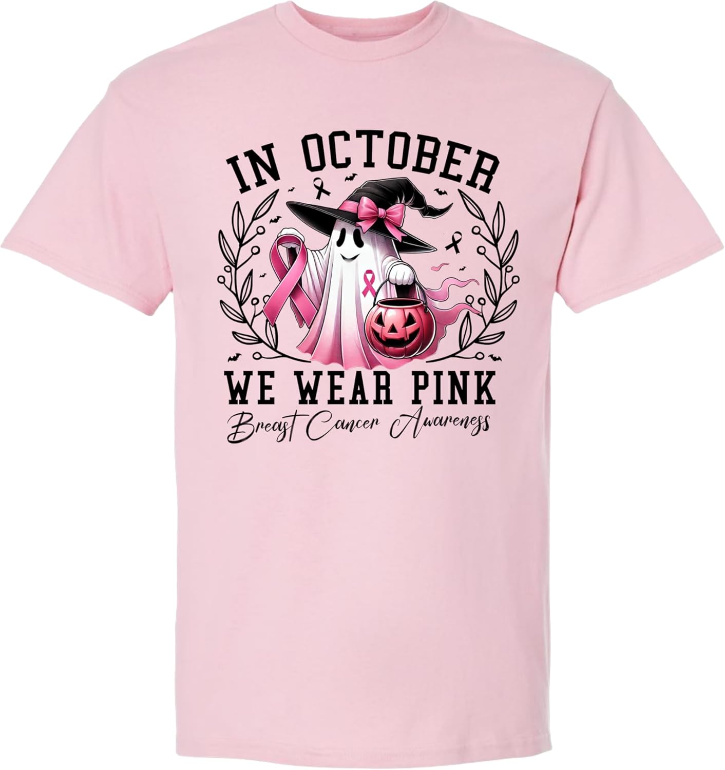 in October We Wear Pink Shirt, Breast Cancer Awareness Halloween Ghost Tee, Pink Ribbon Support Apparel for Women and Men