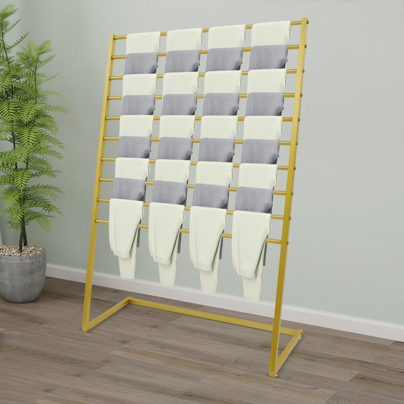 XUFOPLY Scarf Display Stand, 10 Tier Freestanding Scarf Rack Metal Scarf Holder Organizer Floor Standing Scarf Display Stand for Commercial Clothing Retail Store Sheets Suit Pants (Golden)