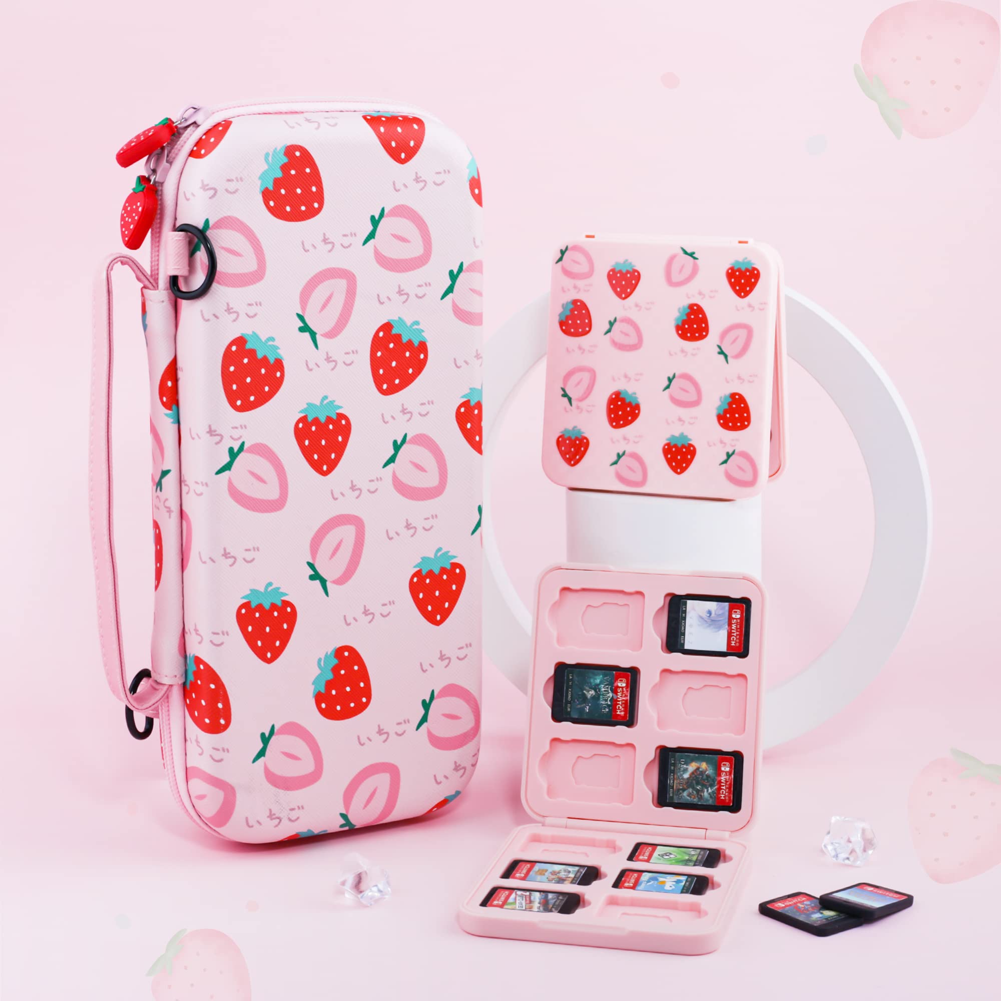 FANPL Étui de Transport Rigide pour Nintendo Switch & Switch OLED avec bandoulière réglable, étui de Jeu, poignées pour Pouces – Doublure en Peluche Super Douce – Rose, Rose