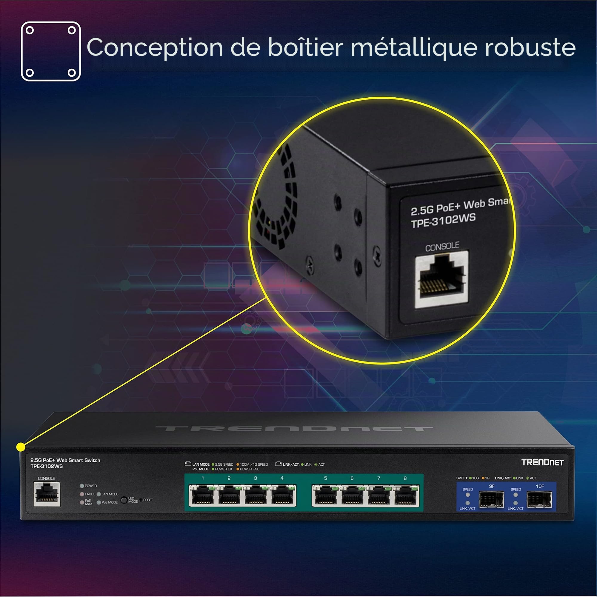 TRENDnet, TPE-3102WS, Switch Web Smart PoE+ 10 Ports Multi-Gigabit, 8 Ports PoE+ 2,5 GBASE-T, 2 emplacements SFP+ 10 Gbit/s, boîtier métallique, commutateur Ethernet réseau géré, Noir